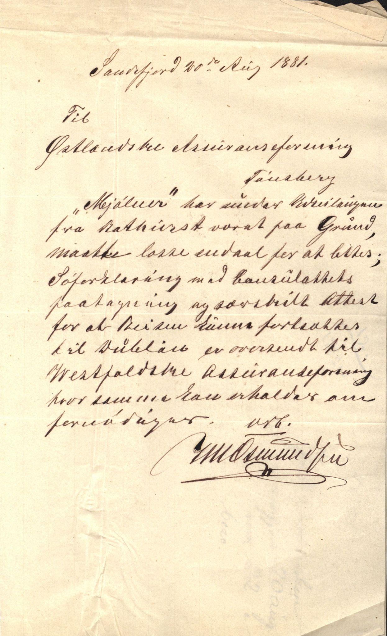 Pa 63 - Østlandske skibsassuranceforening, VEMU/A-1079/G/Ga/L0014/0002: Havaridokumenter / Mjølner, Minerva, Mandarin, Mexico, 1881, s. 2