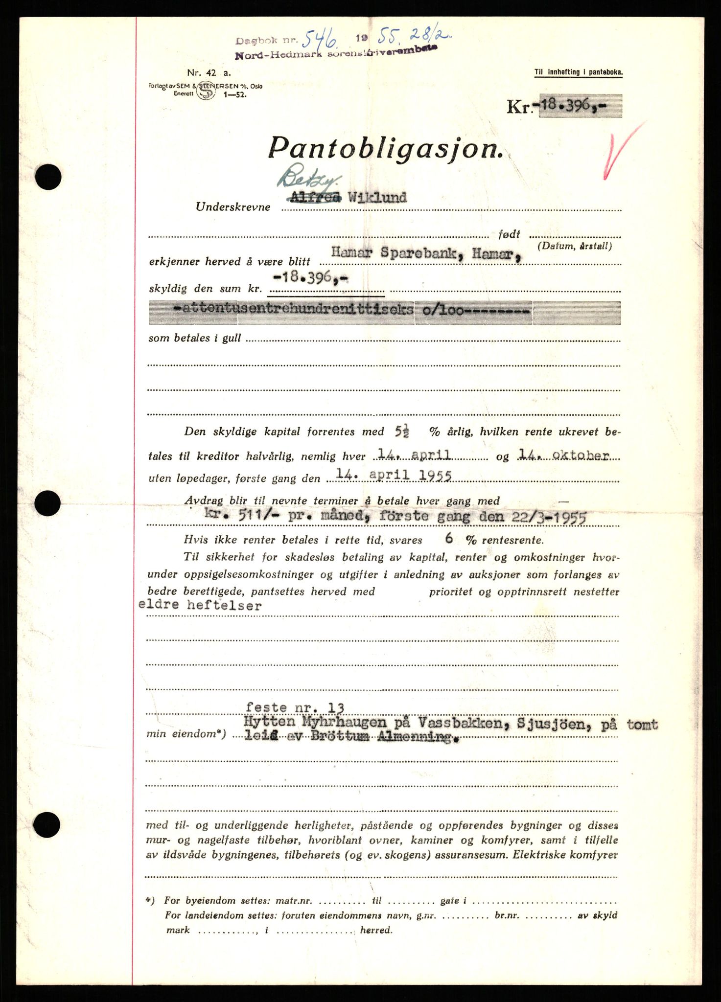 Nord-Hedmark sorenskriveri, SAH/TING-012/H/Hb/Hbf/L0032: Pantebok nr. B32, 1955-1955, Dagboknr: 546/1952