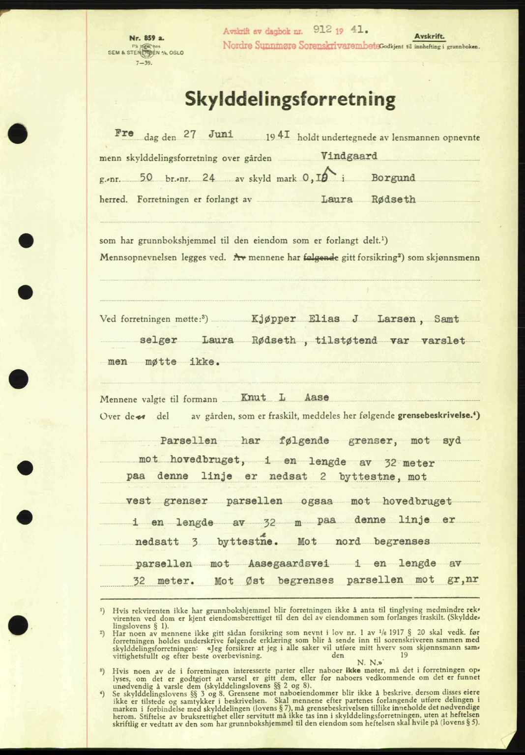 Nordre Sunnmøre sorenskriveri, SAT/A-0006/1/2/2C/2Ca: Pantebok nr. A11, 1941-1941, Dagboknr: 912/1941