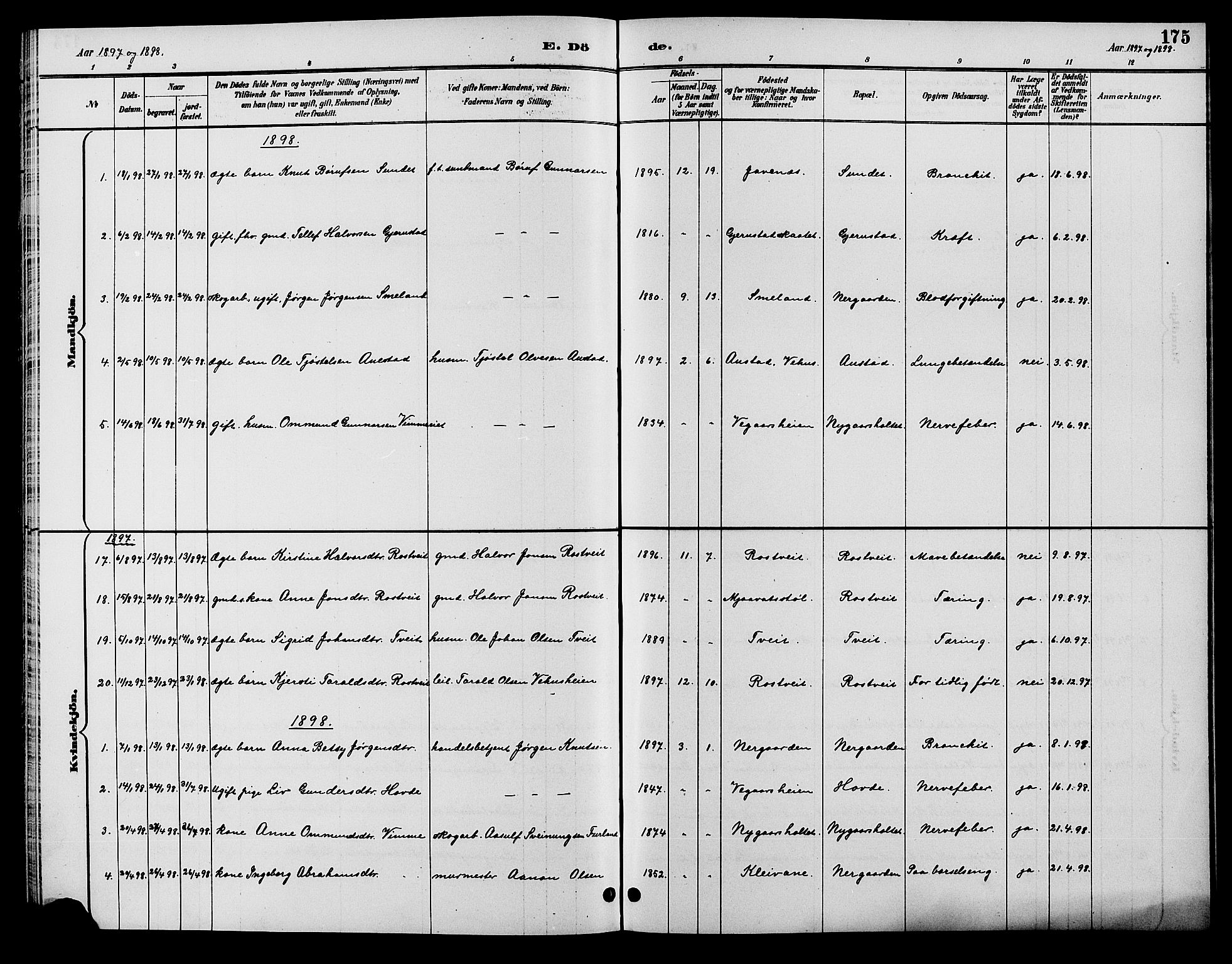 Åmli sokneprestkontor, SAK/1111-0050/F/Fb/Fbc/L0004: Klokkerbok nr. B 4, 1889-1902, s. 175