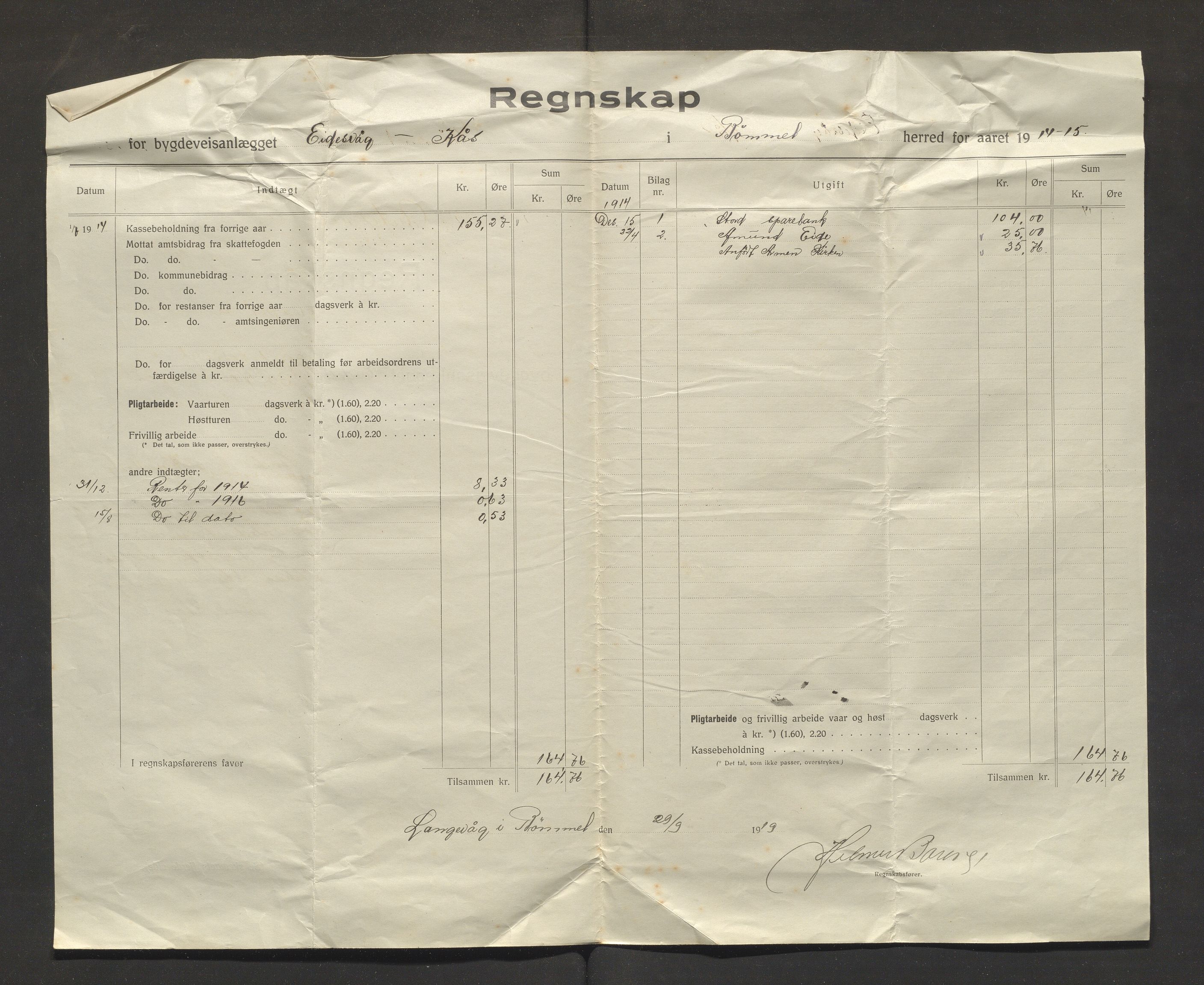 Bømlo kommune. Formannskapet, IKAH/1219-021/E/Ea/L0005/0005: Emneordna korrespondanse / Rekneskap for bygdevegsbygget Eidesvåg-Kås, 1914-1915