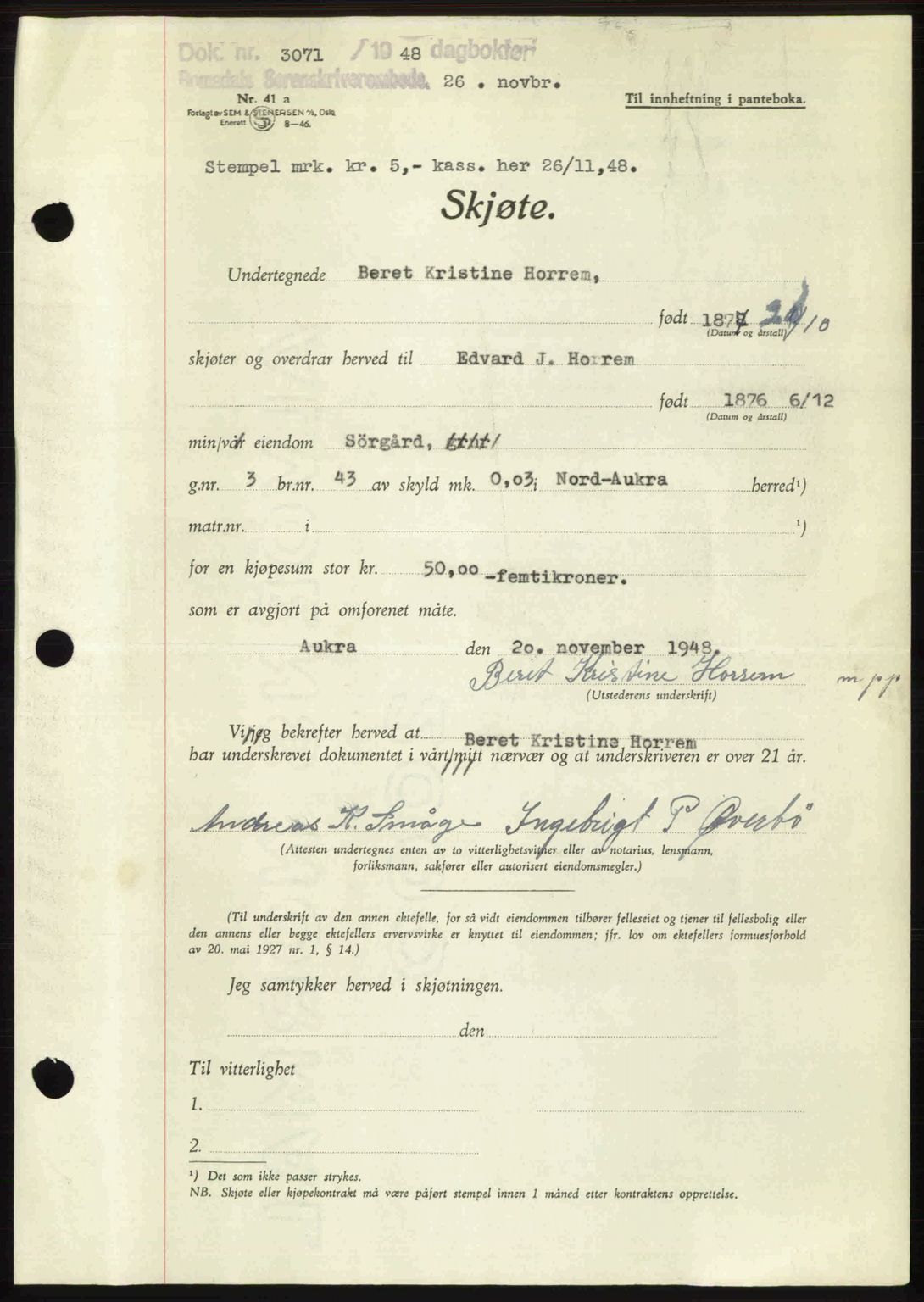 Romsdal sorenskriveri, AV/SAT-A-4149/1/2/2C: Pantebok nr. A27, 1948-1948, Dagboknr: 3071/1948