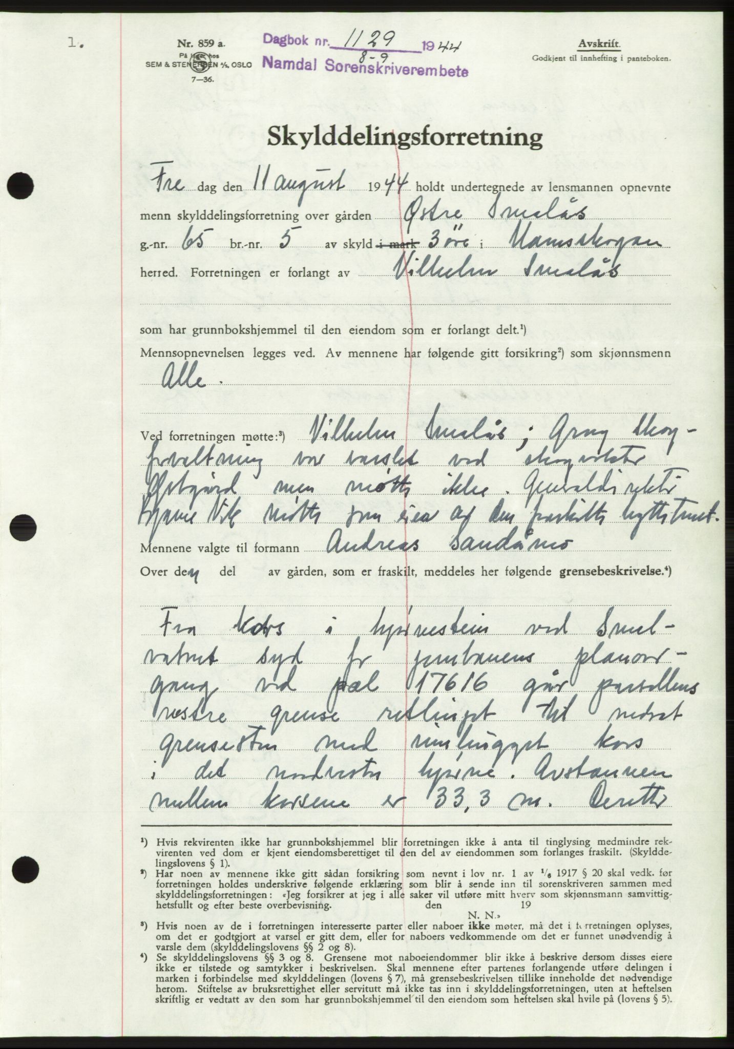 Namdal sorenskriveri, SAT/A-4133/1/2/2C: Pantebok nr. -, 1944-1945, Dagboknr: 1129/1944