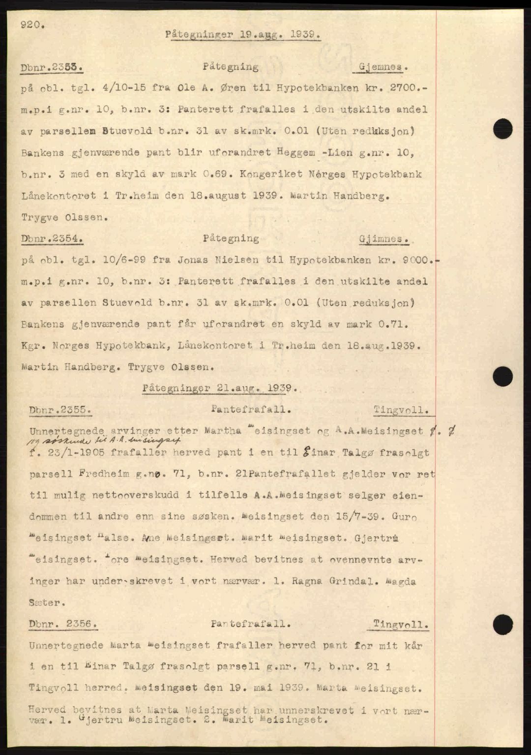 Nordmøre sorenskriveri, SAT/A-4132/1/2/2Ca: Pantebok nr. C80, 1936-1939, Dagboknr: 2353/1939