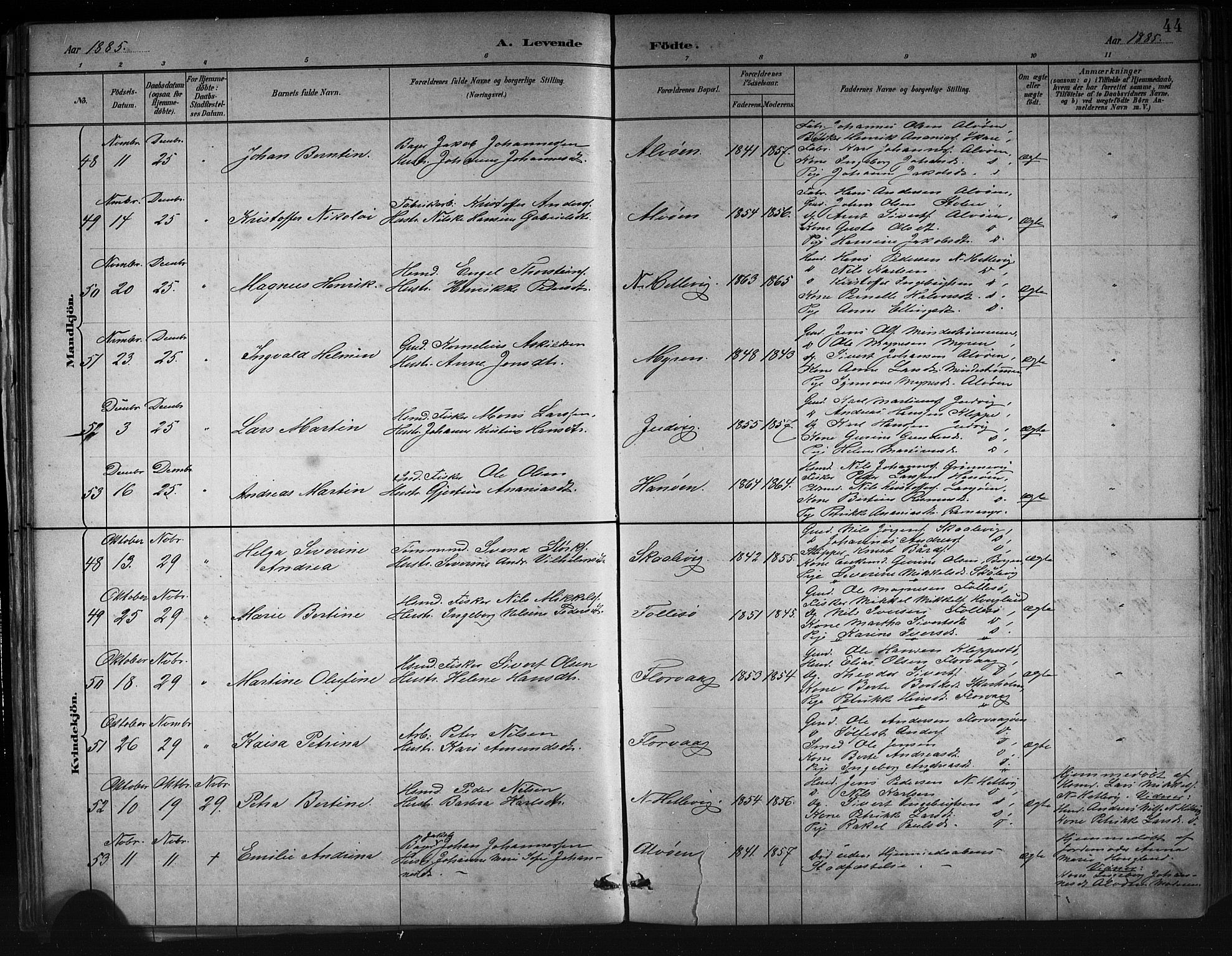 Askøy Sokneprestembete, AV/SAB-A-74101/H/Ha/Hab/Haba/L0008: Klokkerbok nr. A 8, 1882-1893, s. 44