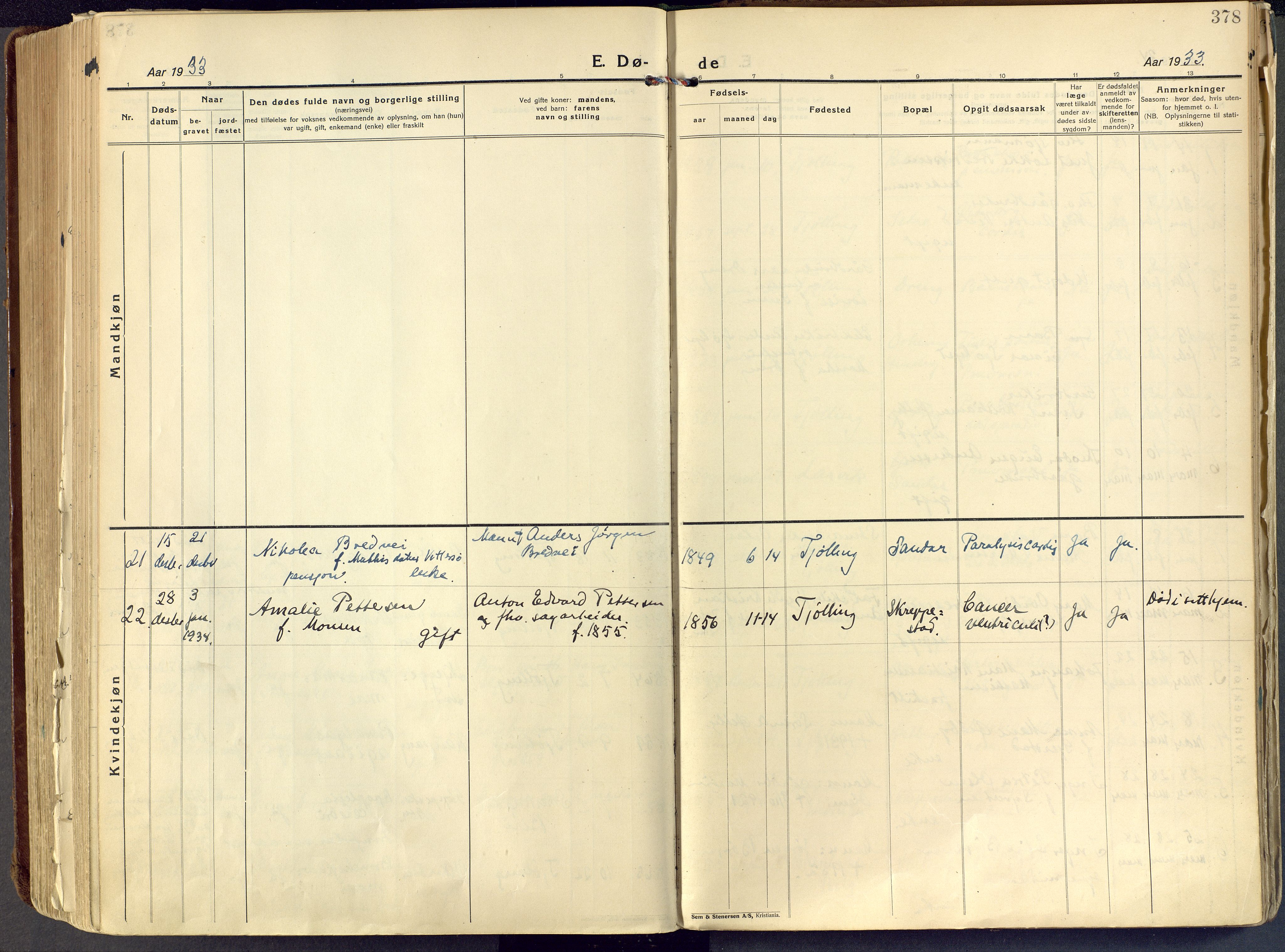 Tjølling kirkebøker, AV/SAKO-A-60/F/Fa/L0011: Ministerialbok nr. 11, 1924-1943, s. 378