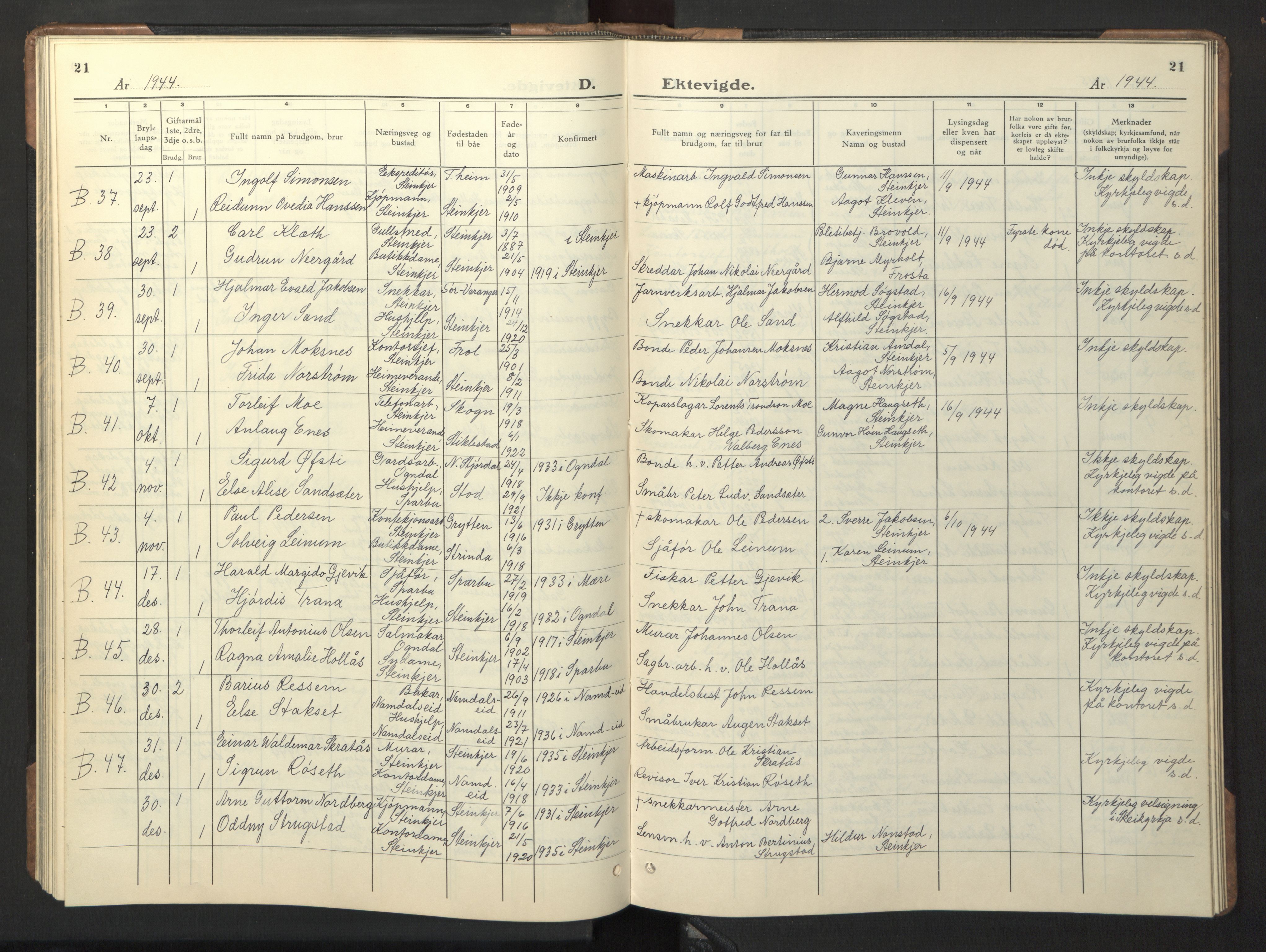 Ministerialprotokoller, klokkerbøker og fødselsregistre - Nord-Trøndelag, SAT/A-1458/739/L0377: Klokkerbok nr. 739C05, 1940-1947, s. 21