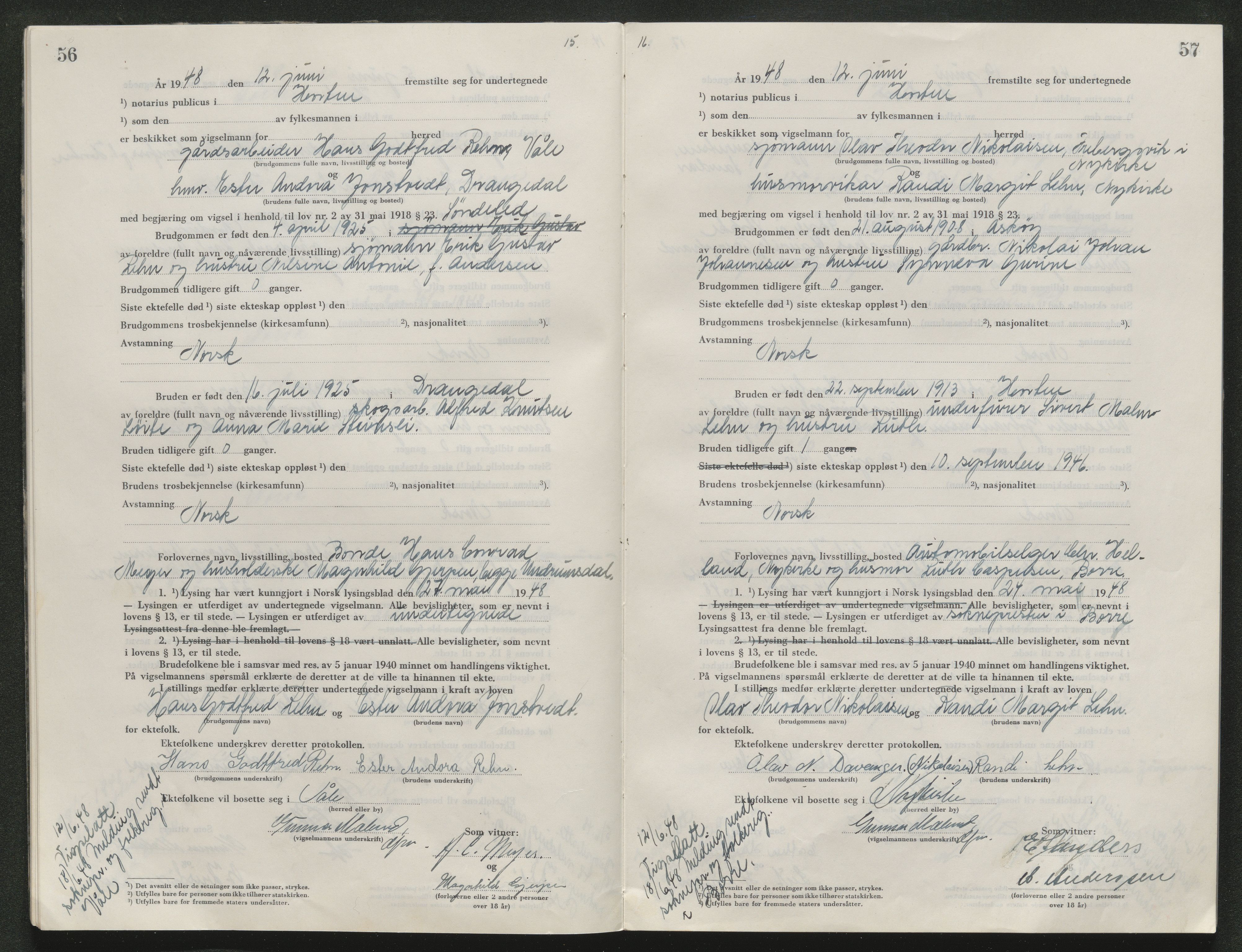 Horten sorenskriveri, AV/SAKO-A-133/L/Lc/L0004: Vigselsbok, 1946-1953, s. 56-57
