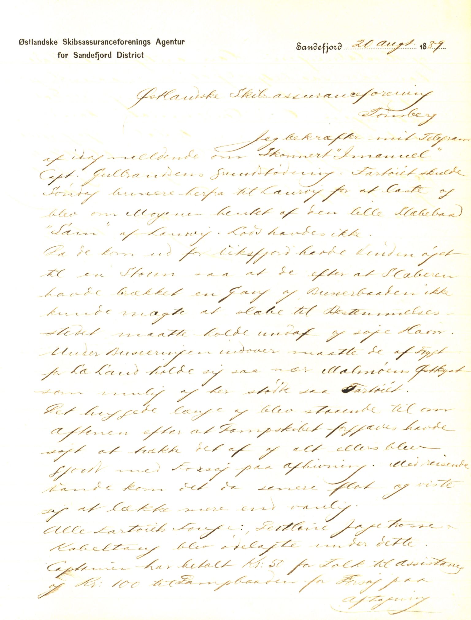 Pa 63 - Østlandske skibsassuranceforening, VEMU/A-1079/G/Ga/L0023/0009: Havaridokumenter / Emil, Black, Hawk, Columbus, Dagny, Askur, Imanuel, 1889, s. 49