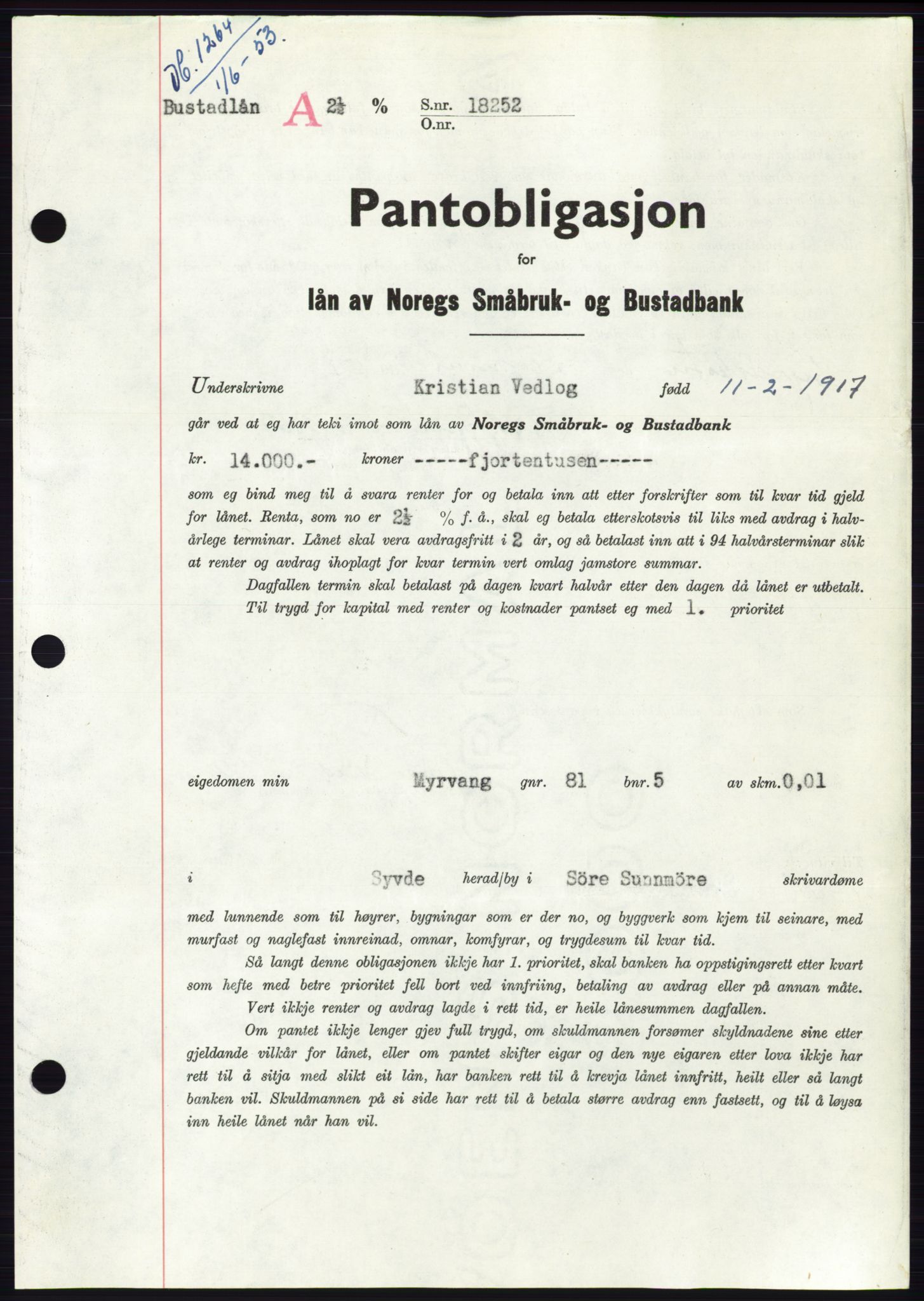 Søre Sunnmøre sorenskriveri, SAT/A-4122/1/2/2C/L0123: Pantebok nr. 11B, 1953-1953, Dagboknr: 1264/1953
