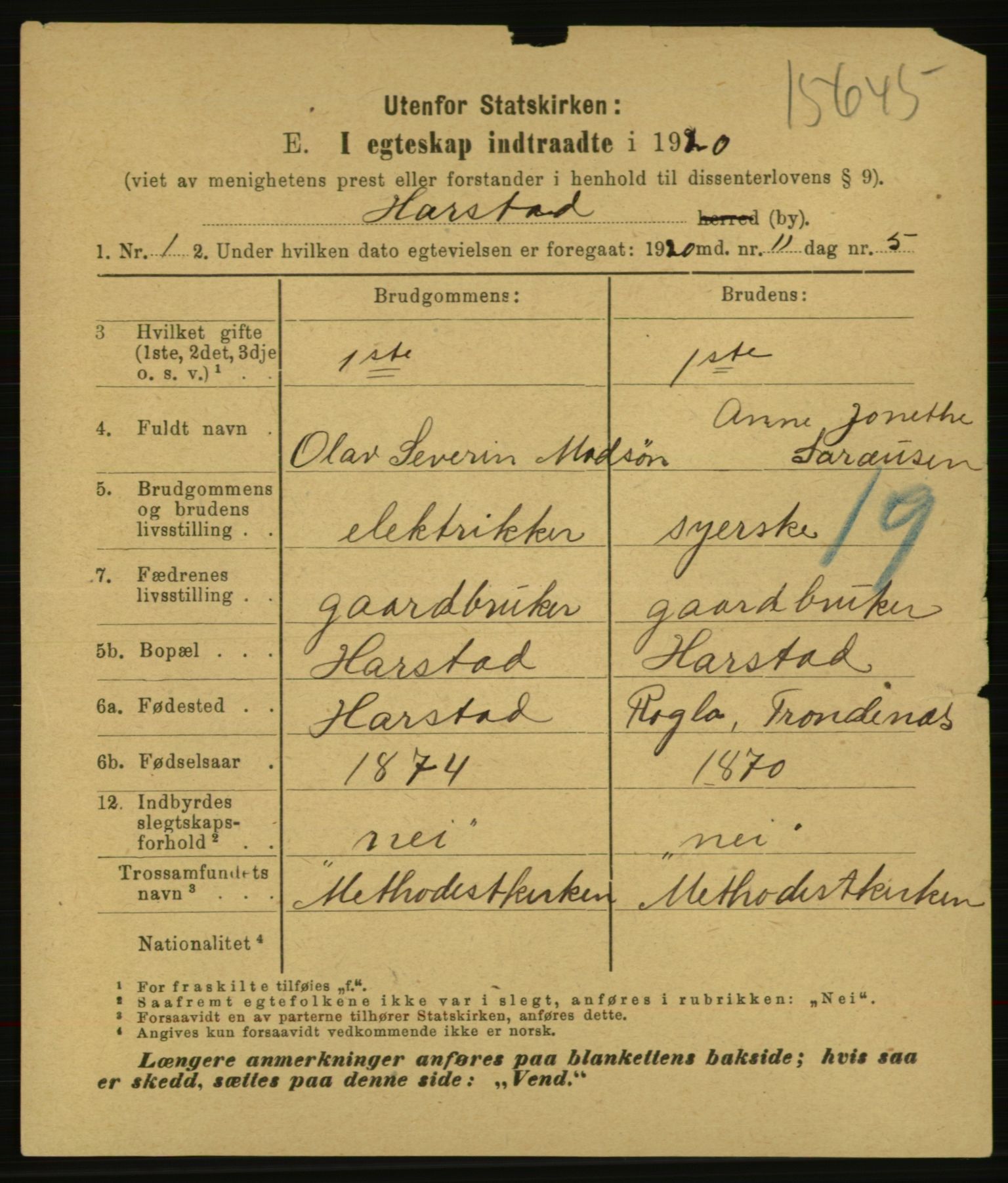 Statistisk sentralbyrå, Sosiodemografiske emner, Befolkning, AV/RA-S-2228/E/L0018: Fødte, gifte, døde dissentere., 1920, s. 2637