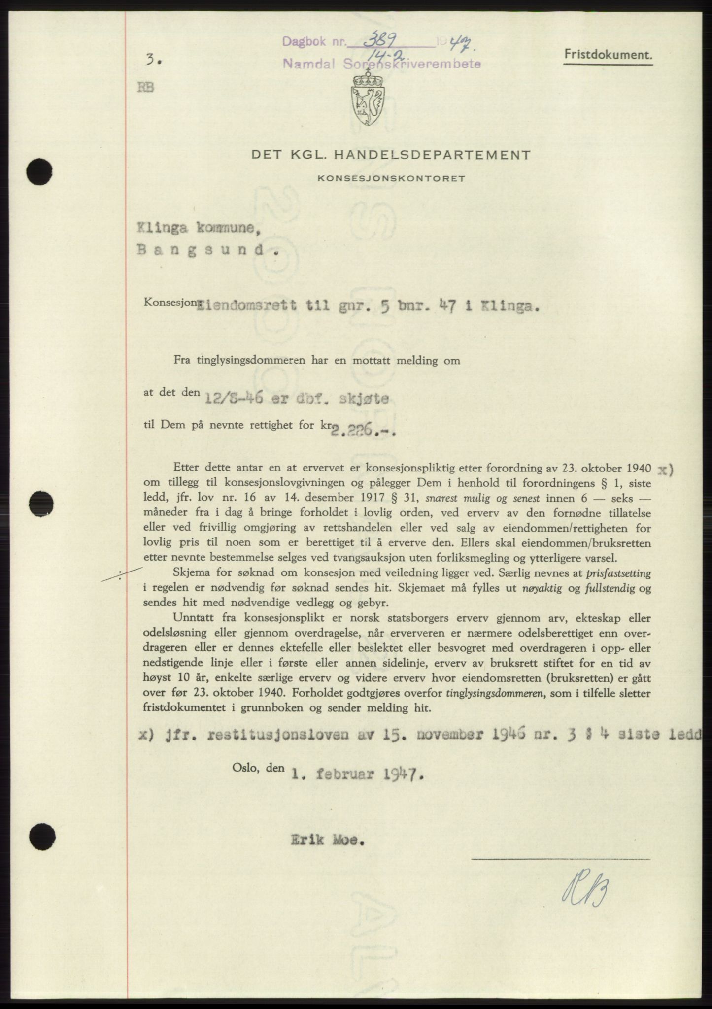 Namdal sorenskriveri, SAT/A-4133/1/2/2C: Pantebok nr. -, 1946-1947, Dagboknr: 389/1947