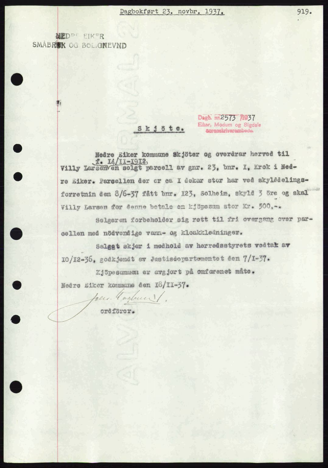 Eiker, Modum og Sigdal sorenskriveri, SAKO/A-123/G/Ga/Gab/L0036: Pantebok nr. A6, 1937-1937, Dagboknr: 2573/1937