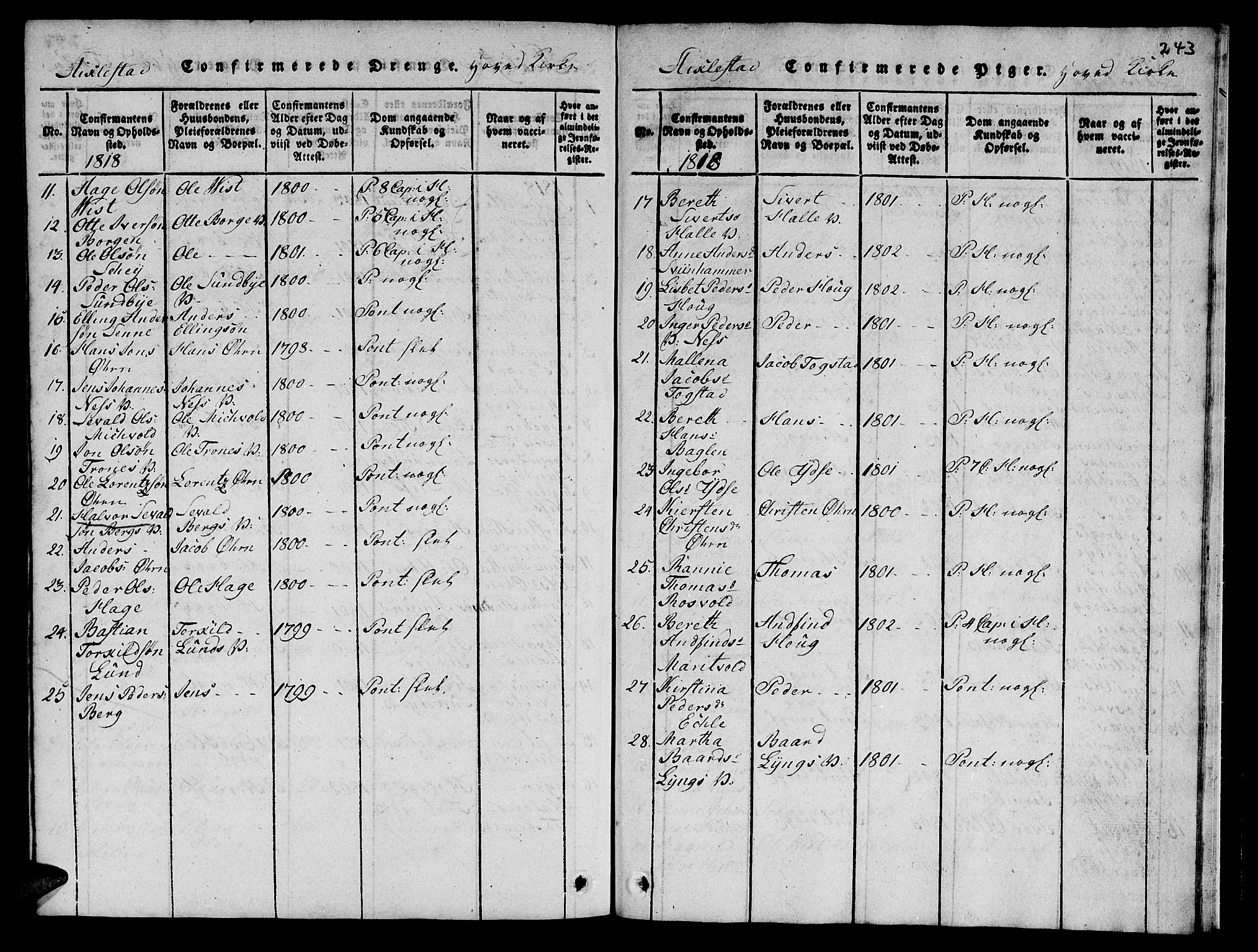 Ministerialprotokoller, klokkerbøker og fødselsregistre - Nord-Trøndelag, SAT/A-1458/723/L0251: Klokkerbok nr. 723C01 /1, 1816-1831, s. 243