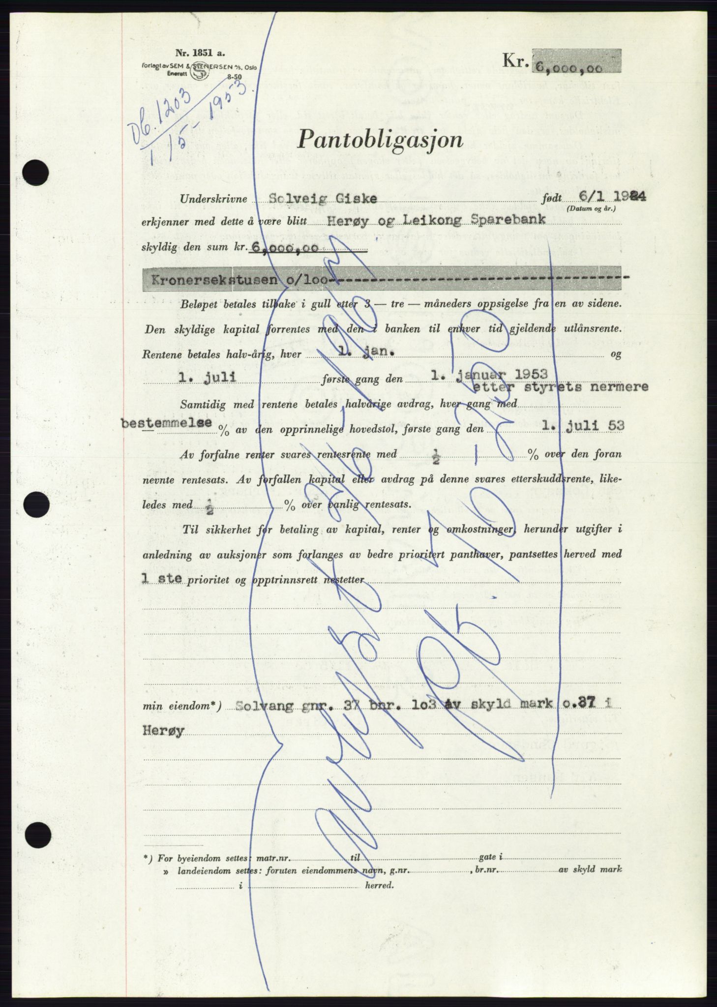 Søre Sunnmøre sorenskriveri, SAT/A-4122/1/2/2C/L0123: Pantebok nr. 11B, 1953-1953, Dagboknr: 1203/1953