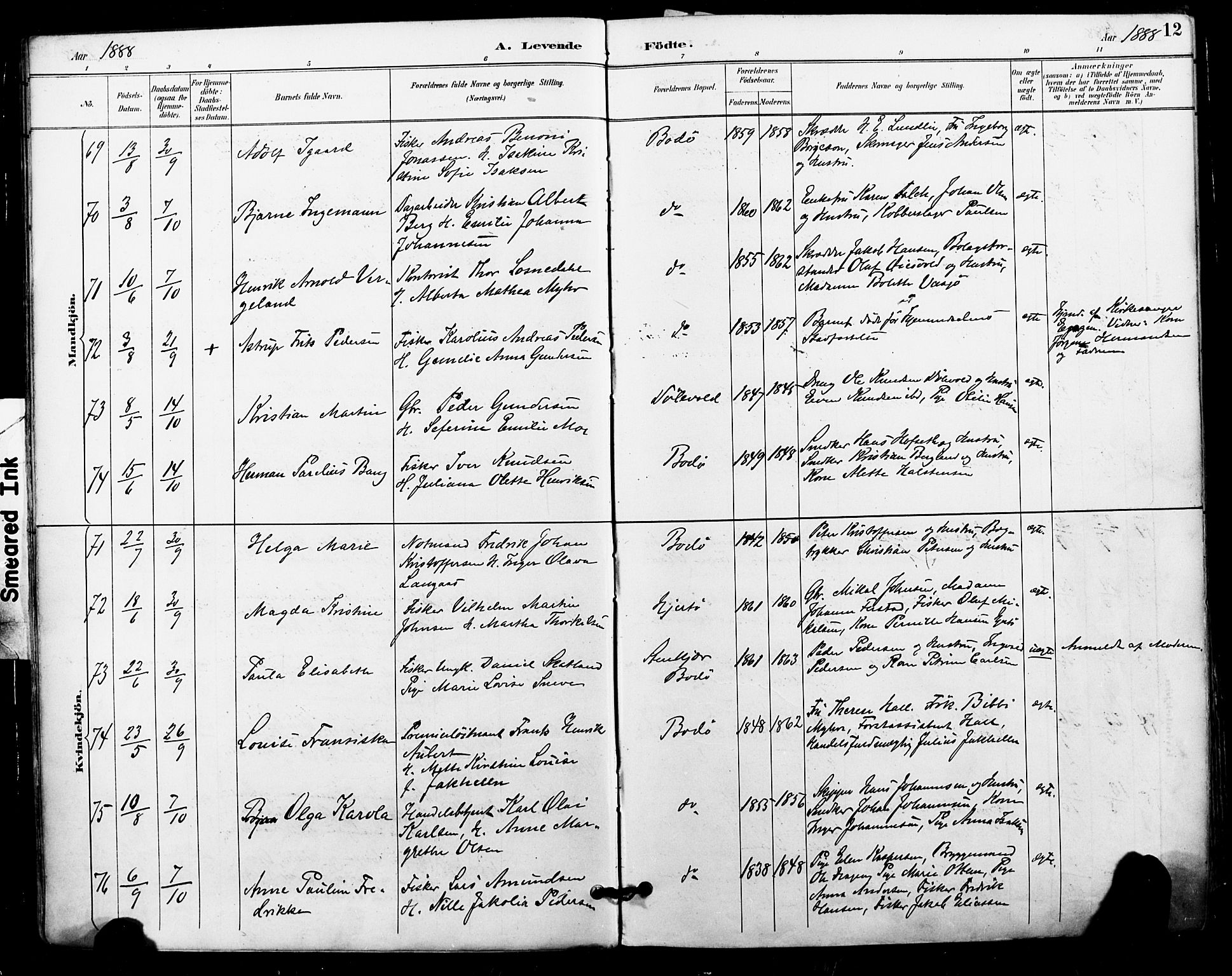 Ministerialprotokoller, klokkerbøker og fødselsregistre - Nordland, AV/SAT-A-1459/801/L0010: Ministerialbok nr. 801A10, 1888-1899, s. 12