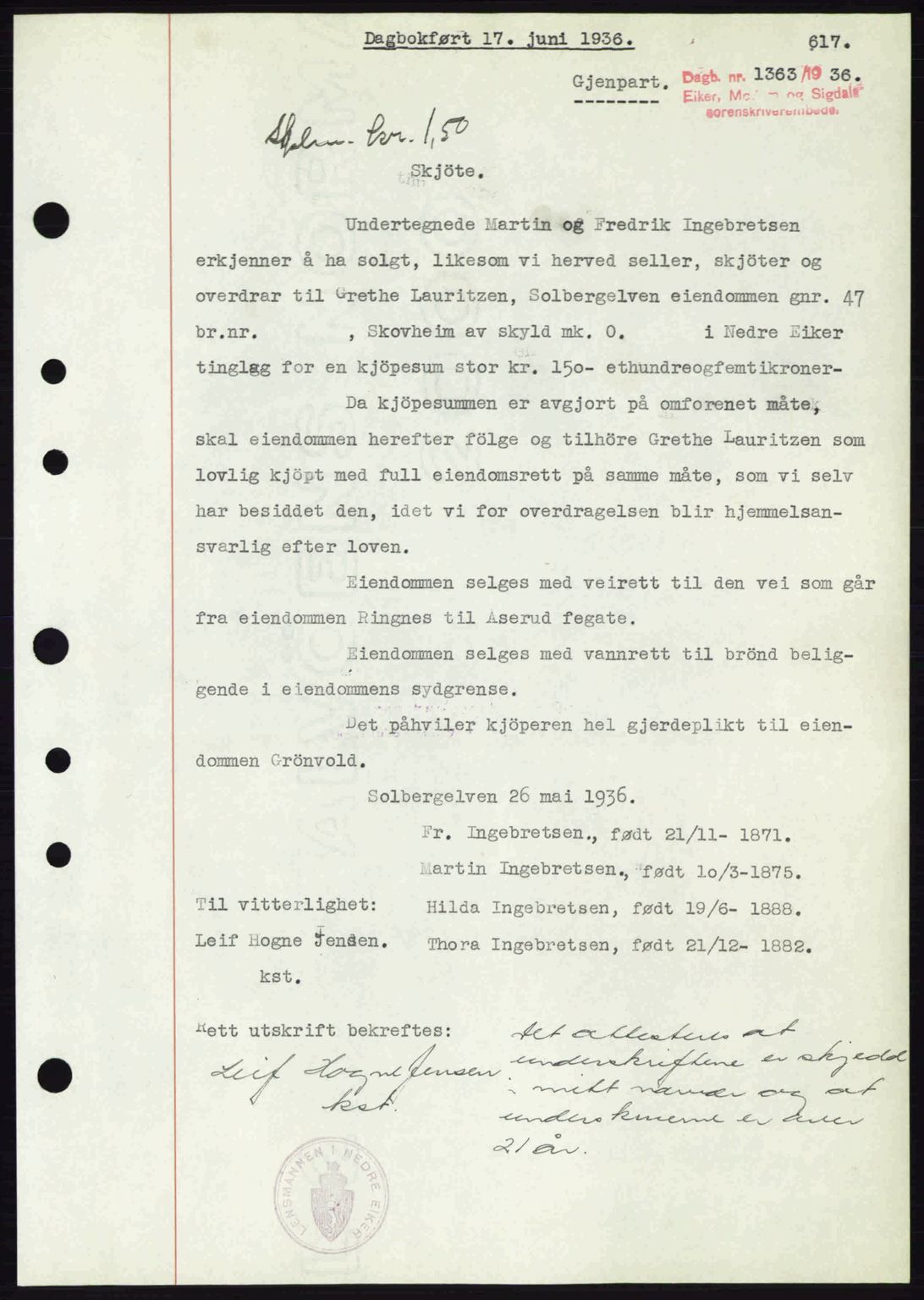 Eiker, Modum og Sigdal sorenskriveri, SAKO/A-123/G/Ga/Gab/L0032: Pantebok nr. A2, 1936-1936, Dagboknr: 1363/1936