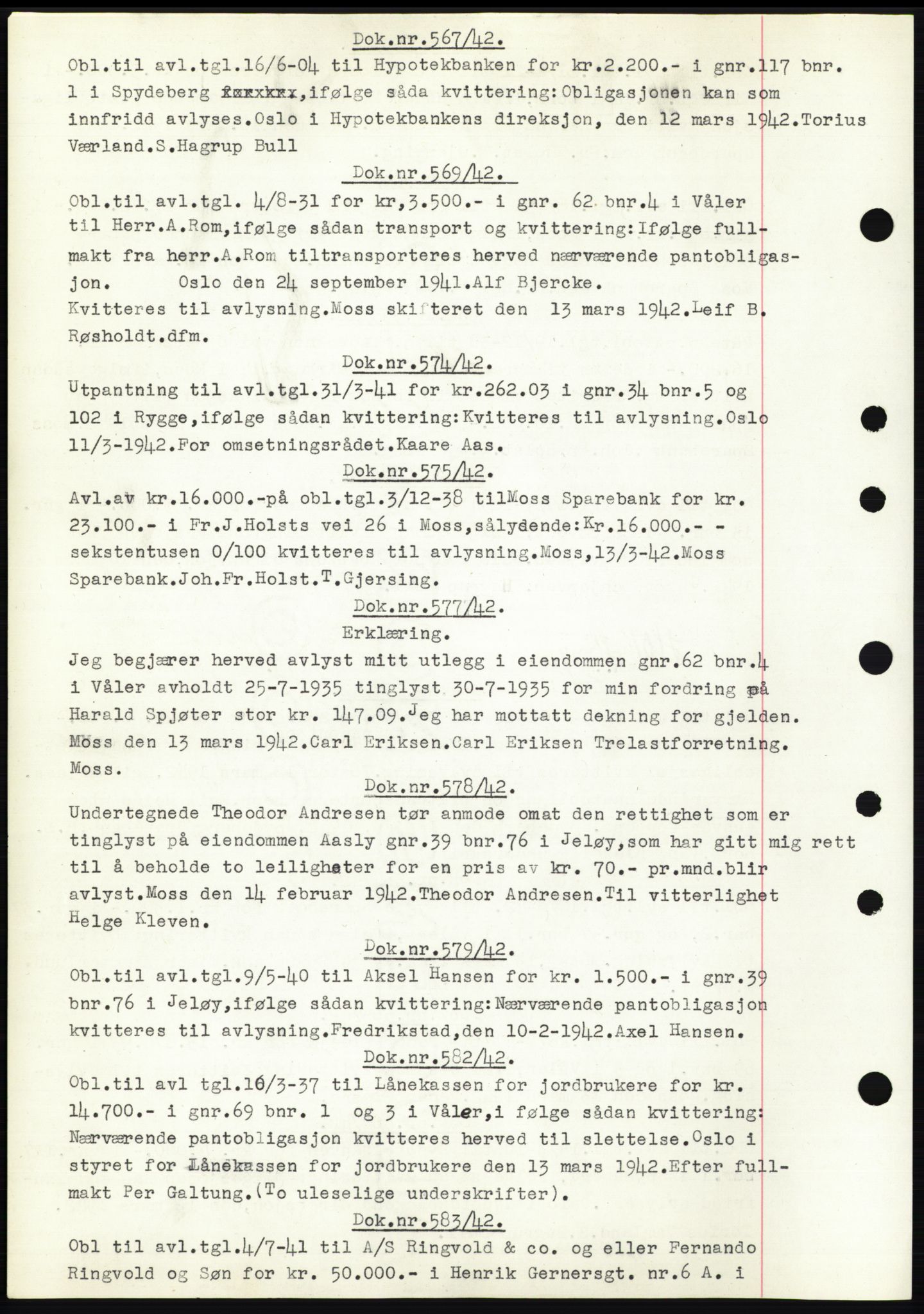 Moss sorenskriveri, SAO/A-10168: Pantebok nr. C10, 1938-1950, Dagboknr: 567/1942