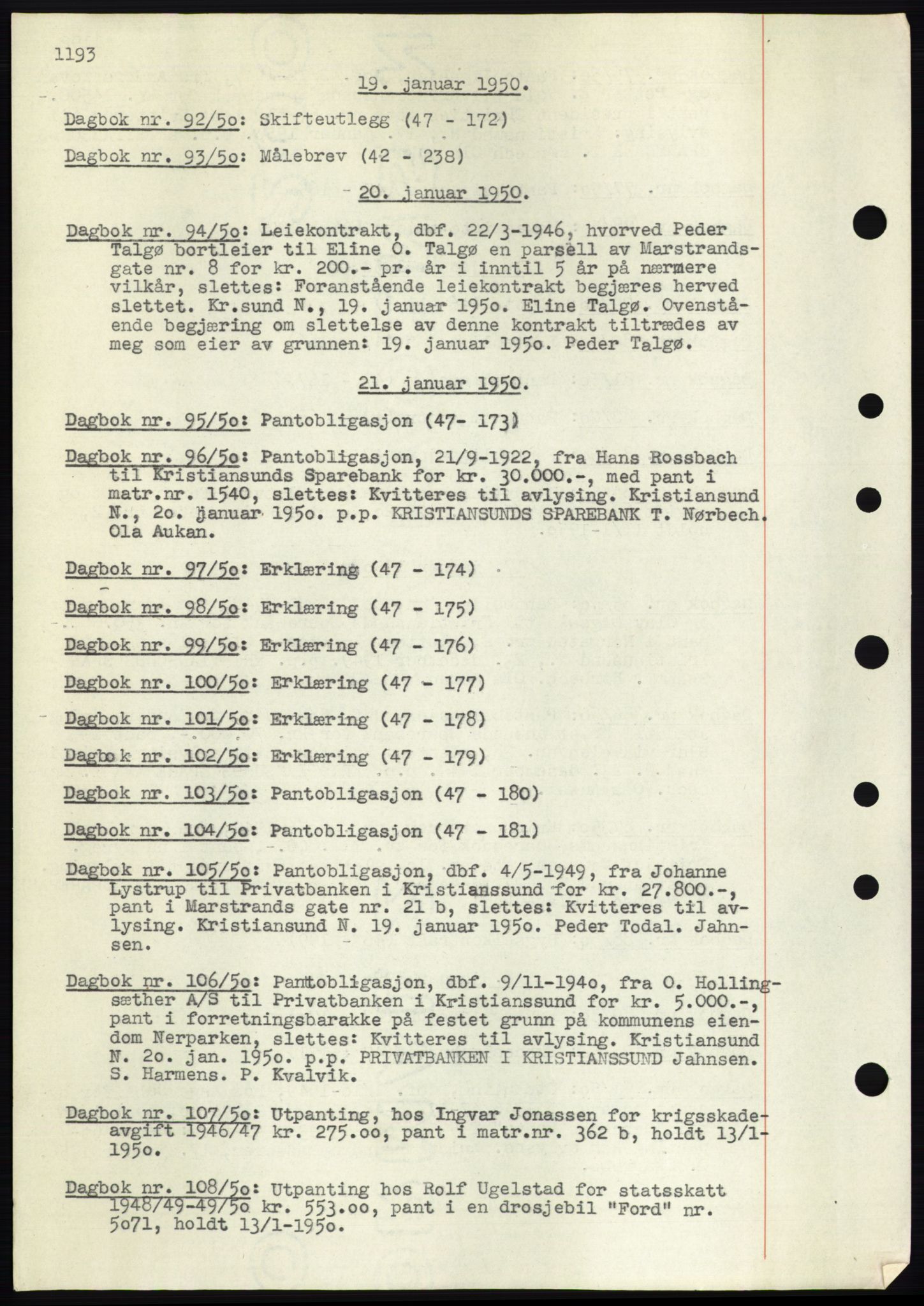 Kristiansund byfogd, SAT/A-4587/A/27: Pantebok nr. 32b, 1945-1950, Dagboknr: 92/1950