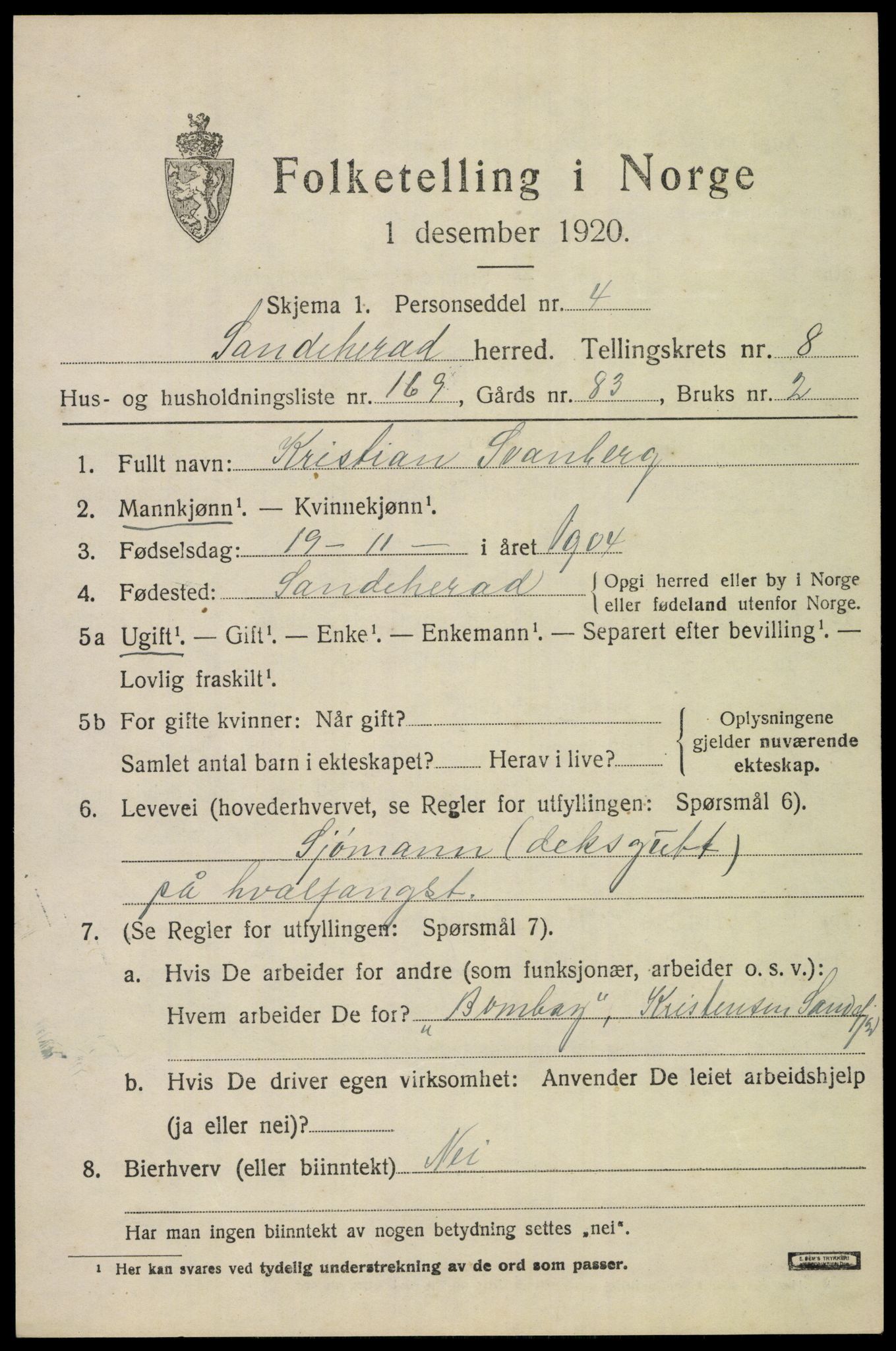 SAKO, Folketelling 1920 for 0724 Sandeherred herred, 1920, s. 14260