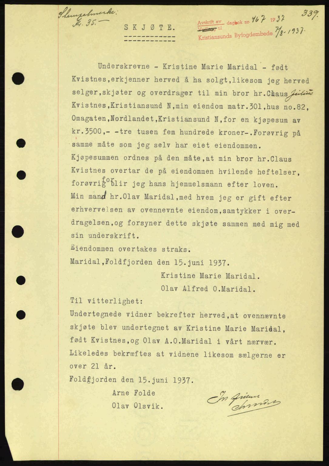 Kristiansund byfogd, SAT/A-4587/A/27: Pantebok nr. 30, 1936-1941, Dagboknr: 467/1937