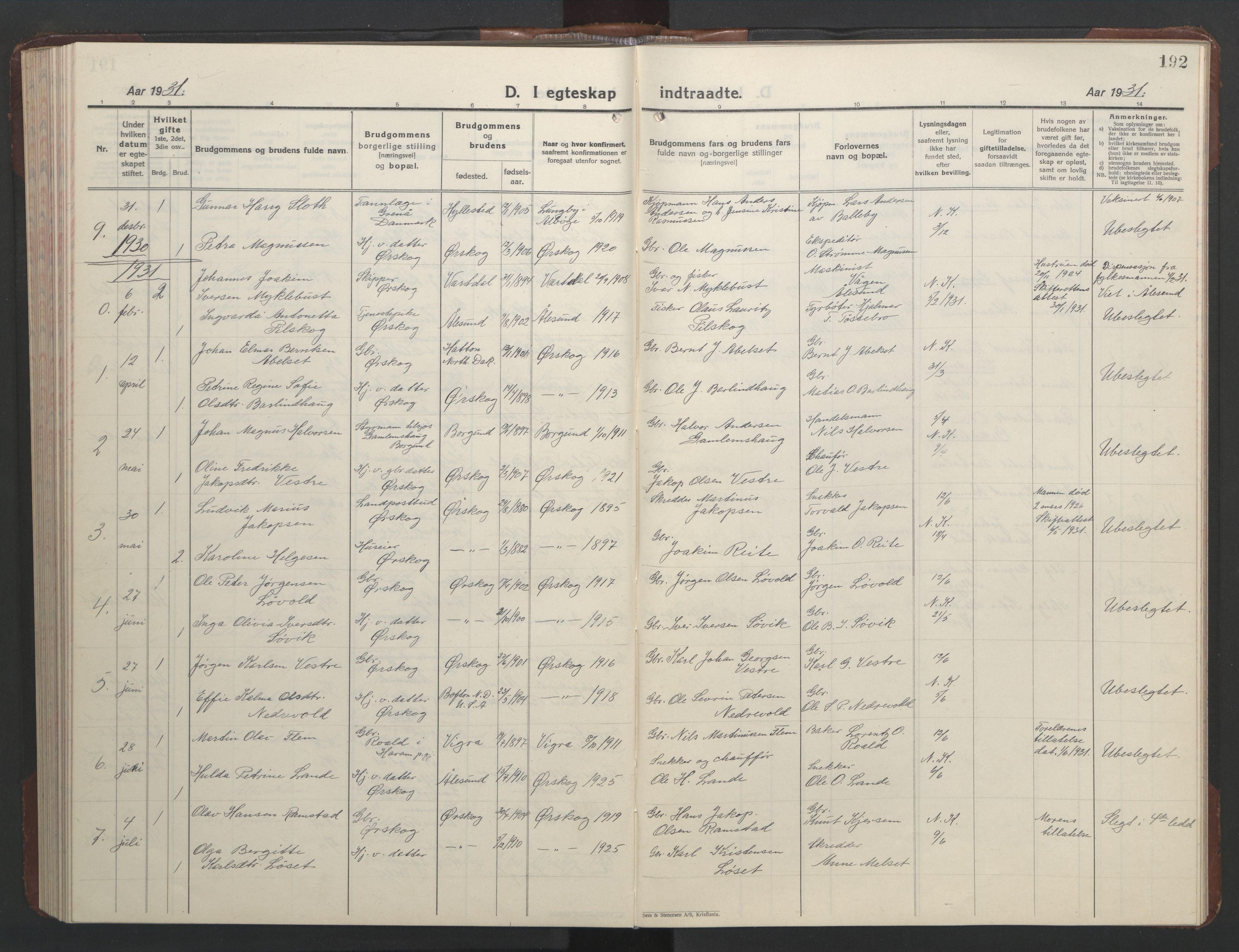 Ministerialprotokoller, klokkerbøker og fødselsregistre - Møre og Romsdal, AV/SAT-A-1454/522/L0329: Klokkerbok nr. 522C08, 1926-1951, s. 192