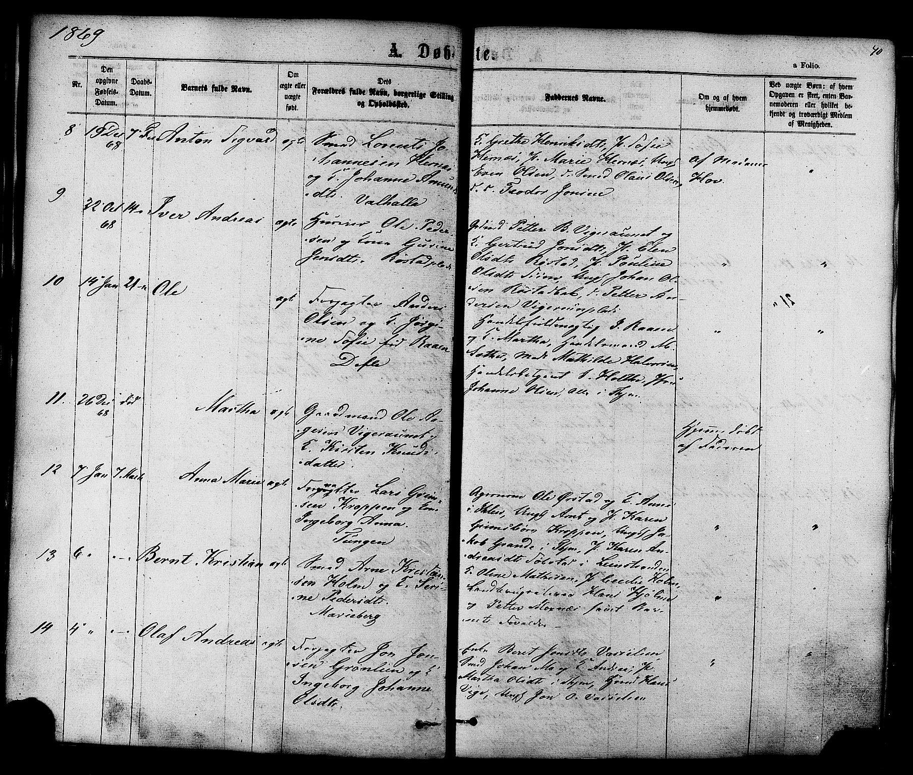 Ministerialprotokoller, klokkerbøker og fødselsregistre - Sør-Trøndelag, SAT/A-1456/606/L0293: Ministerialbok nr. 606A08, 1866-1877, s. 40