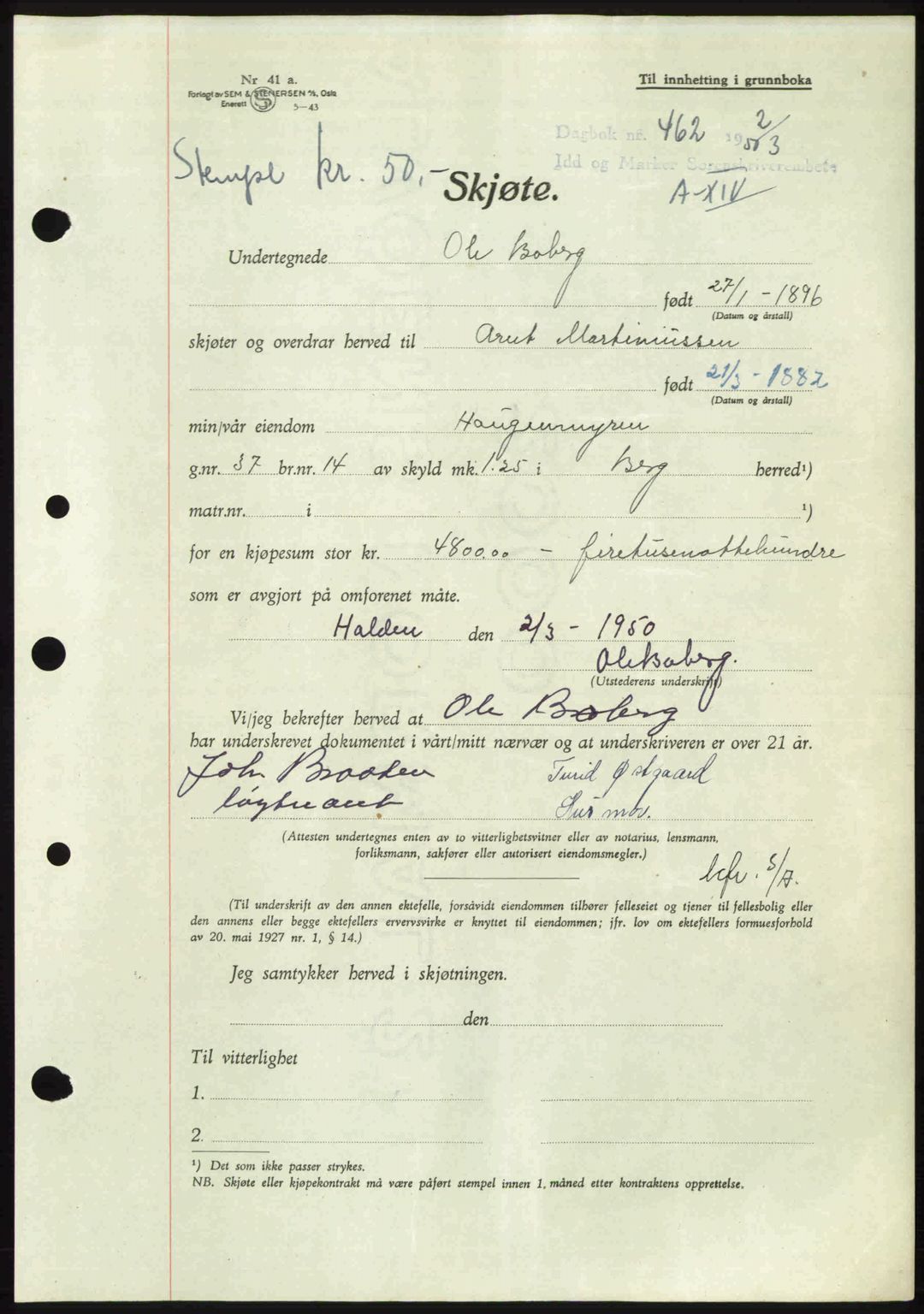 Idd og Marker sorenskriveri, AV/SAO-A-10283/G/Gb/Gbb/L0014: Pantebok nr. A14, 1950-1950, Dagboknr: 462/1950