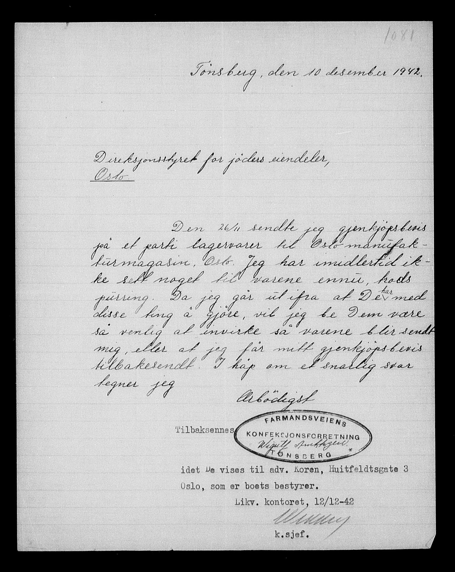 Justisdepartementet, Tilbakeføringskontoret for inndratte formuer, AV/RA-S-1564/H/Hc/Hcc/L0957: --, 1945-1947, s. 281