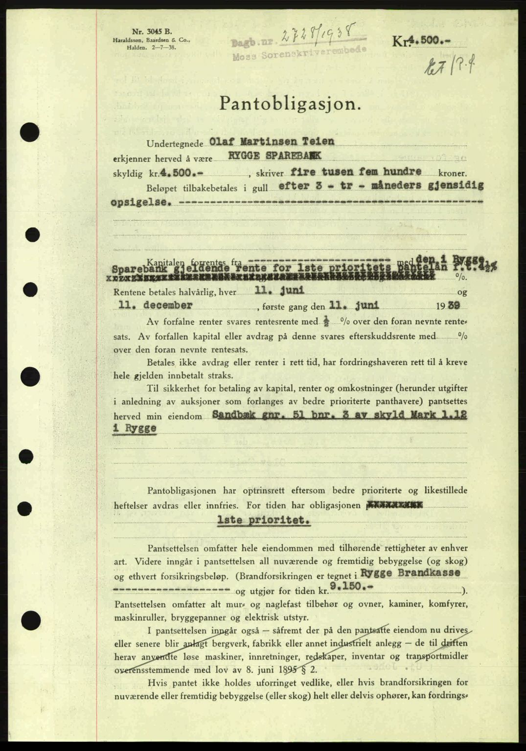 Moss sorenskriveri, SAO/A-10168: Pantebok nr. B6, 1938-1938, Dagboknr: 2728/1938