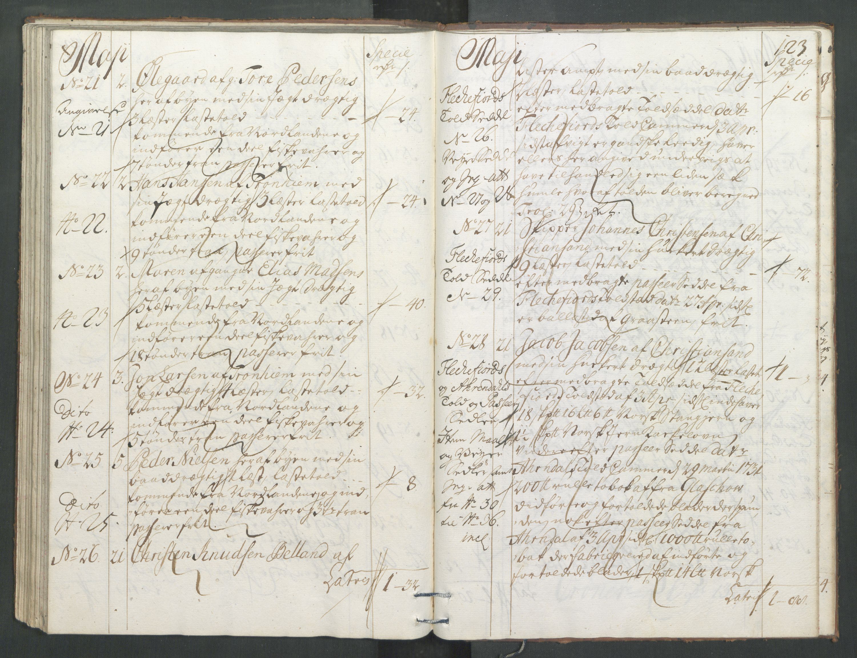 Generaltollkammeret, tollregnskaper, AV/RA-EA-5490/R33/L0013/0001: Tollregnskaper Trondheim A / Inngående tollbok, 1731, s. 122b-123a