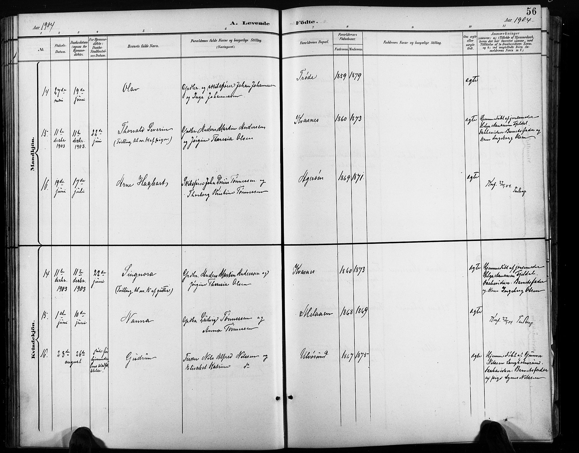 Høvåg sokneprestkontor, AV/SAK-1111-0025/F/Fb/L0005: Klokkerbok nr. B 5, 1898-1929, s. 56