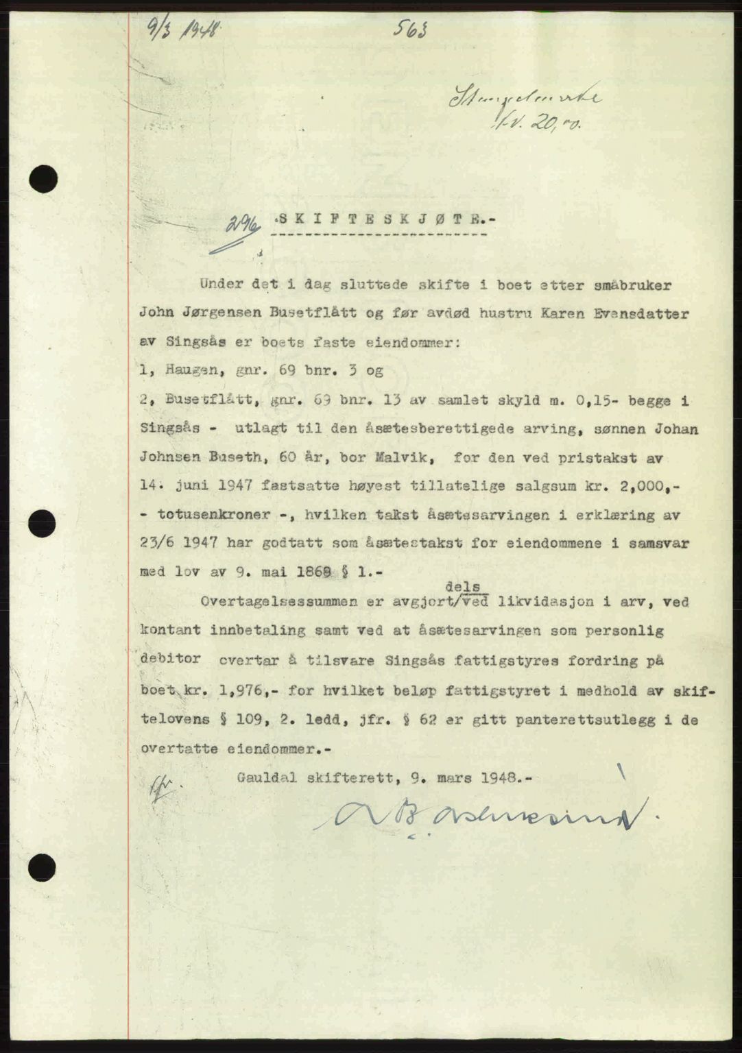 Gauldal sorenskriveri, SAT/A-0014/1/2/2C: Pantebok nr. A5, 1947-1948, Dagboknr: 296/1948
