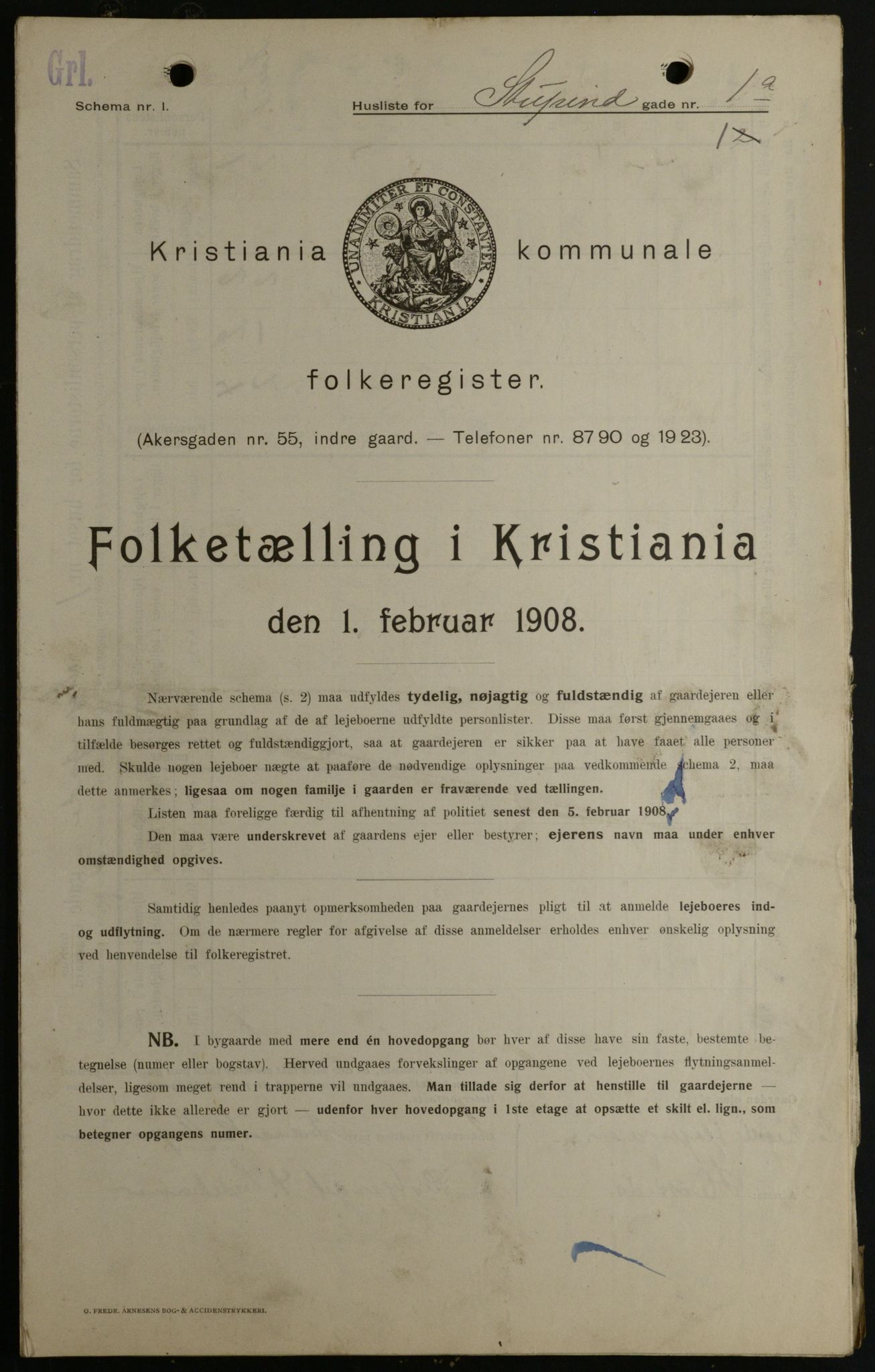 OBA, Kommunal folketelling 1.2.1908 for Kristiania kjøpstad, 1908, s. 94002