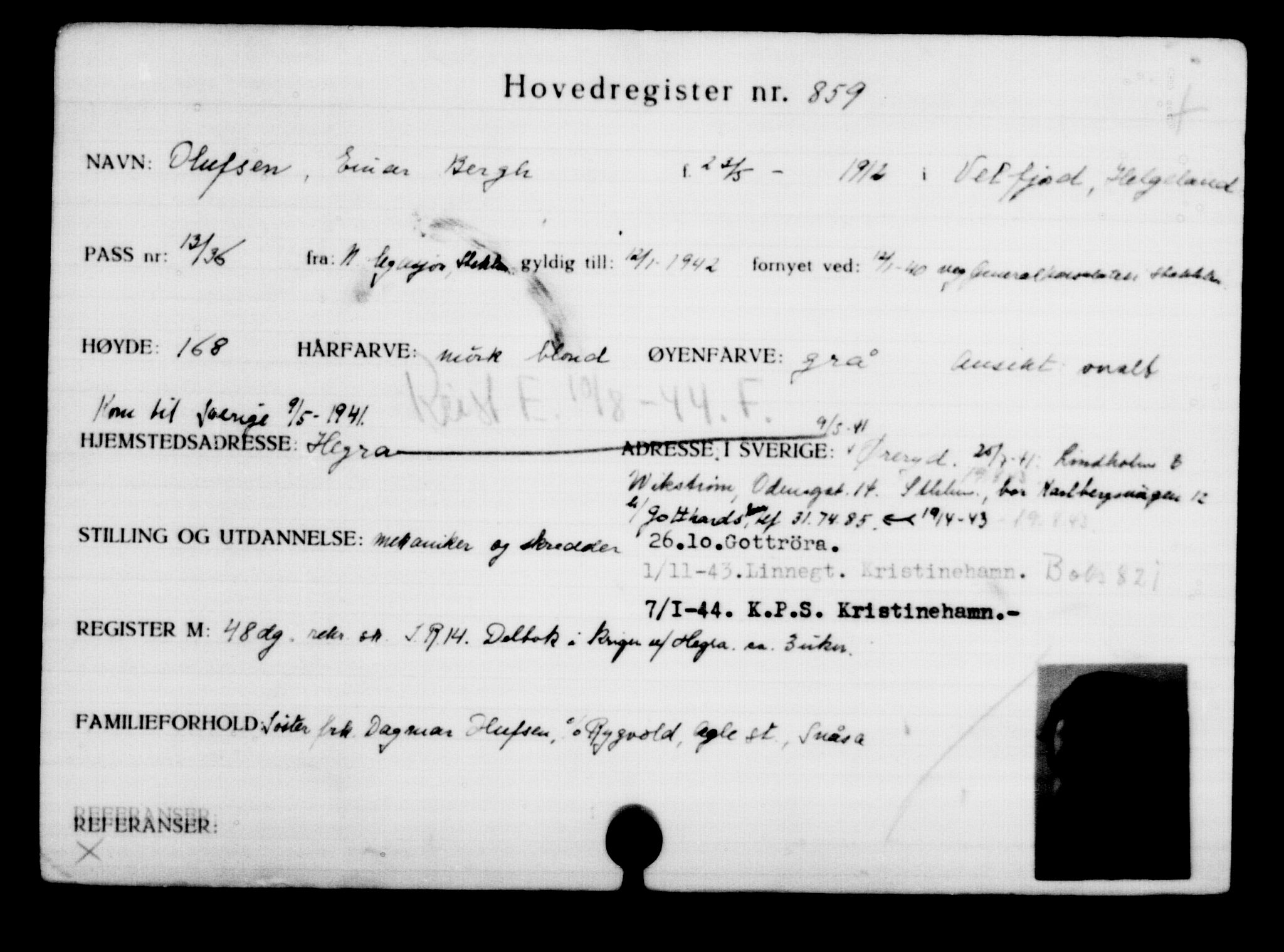 Utenriksstasjonene, Legasjonen i Stockholm, Flyktningkontoret, AV/RA-S-6753/V/Va/L0001: Kjesäterkartoteket, flyktninger med registreringsnr. 1-1000, 1940-1945, s. 1364