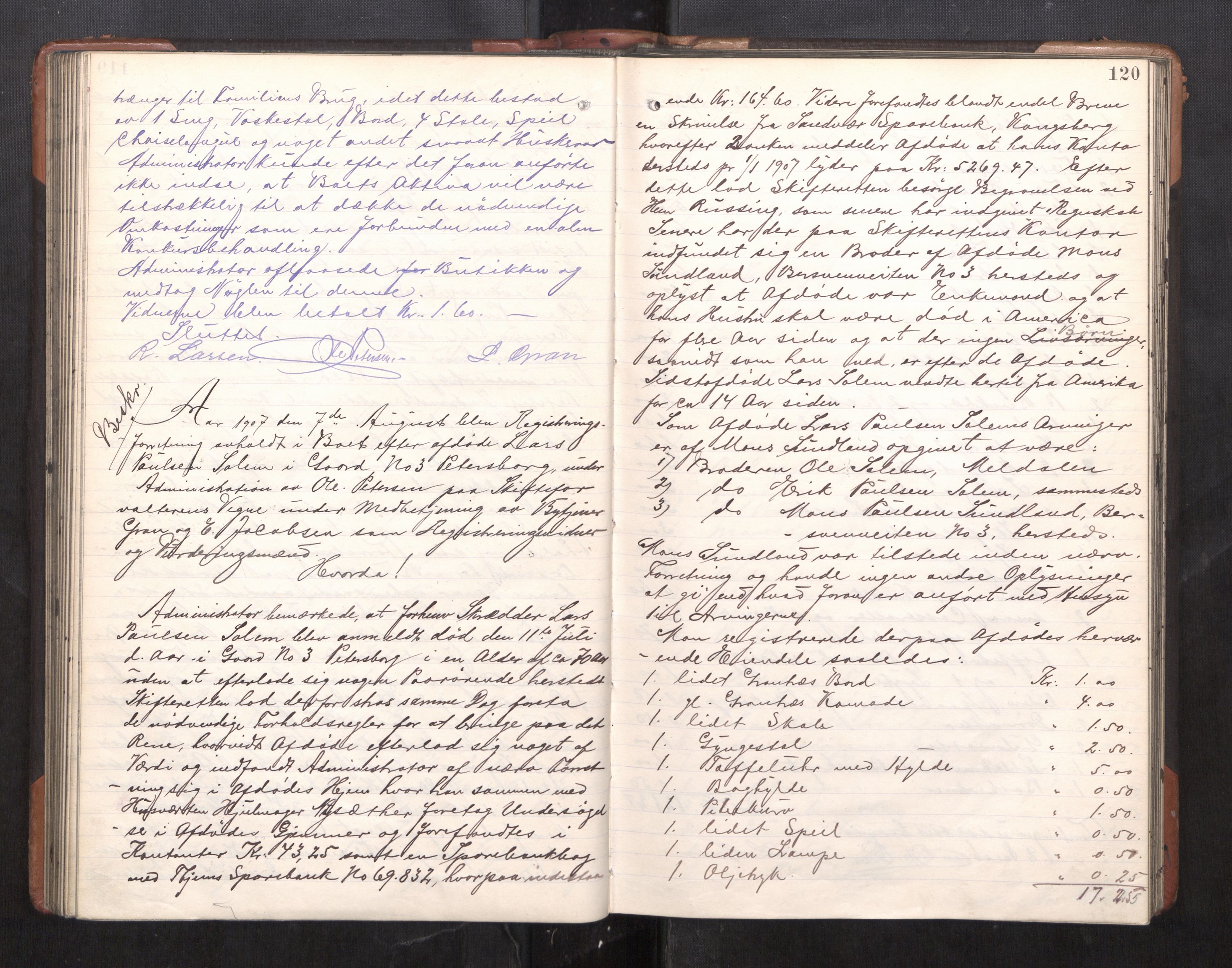 Trondheim byfogd, AV/SAT-A-0003/1/3/3C/L0025: Skifteregistreringsprotokoll - 24/1-14/7. (u/ register), 1906-1909, s. 120