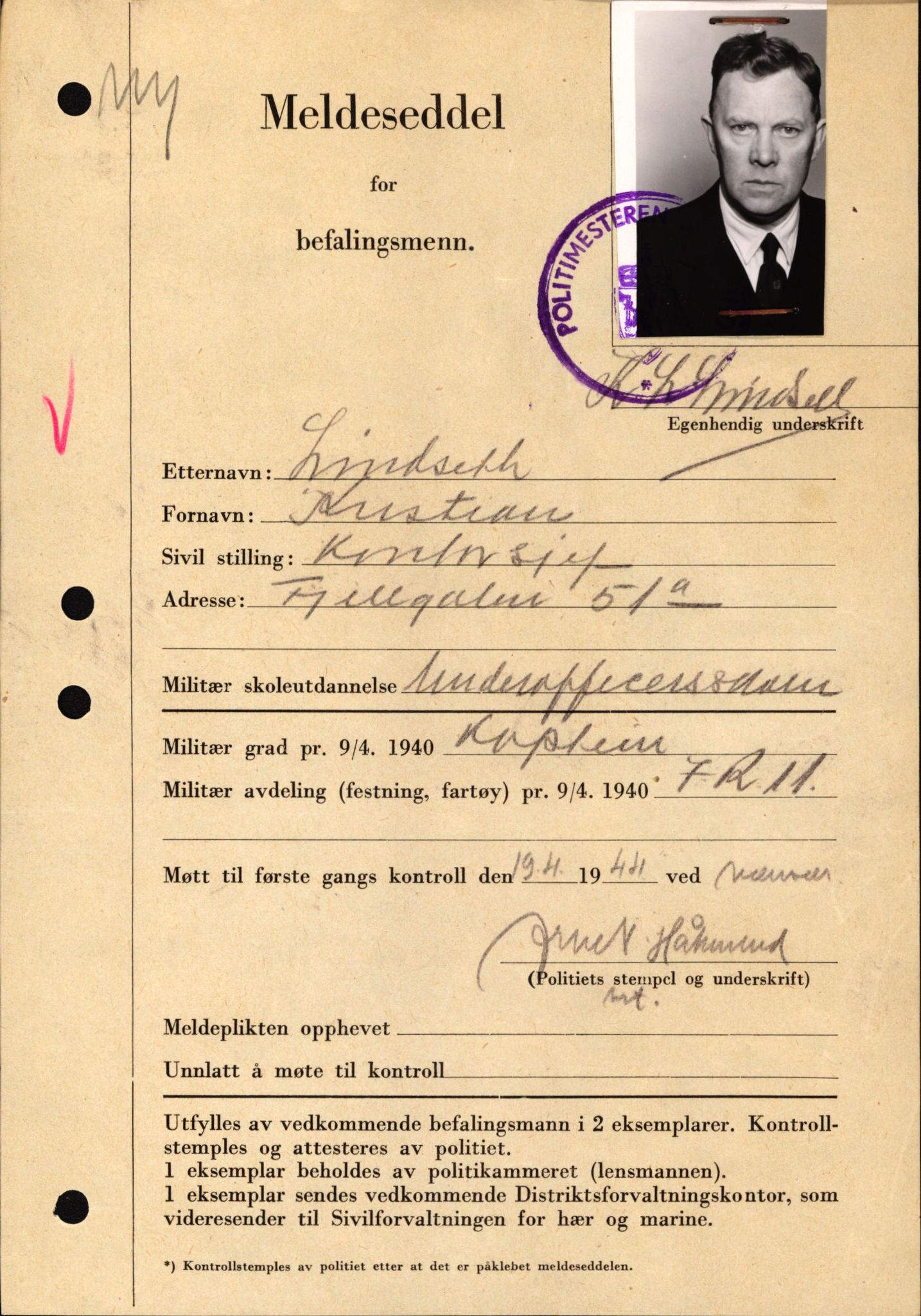 Forsvaret, Forsvarets krigshistoriske avdeling, AV/RA-RAFA-2017/Y/Yf/L0209: II-C-11-2121  -  Okkupasjonstiden.  Meldesedler for befal med foto og oppl. om militær grad 9. apr. 1940., 1944-1945, s. 95