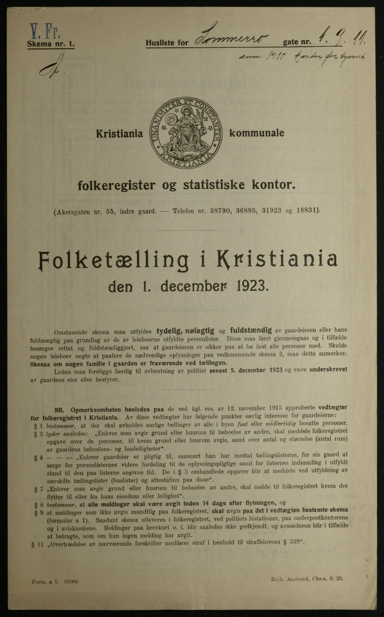 OBA, Kommunal folketelling 1.12.1923 for Kristiania, 1923, s. 109845