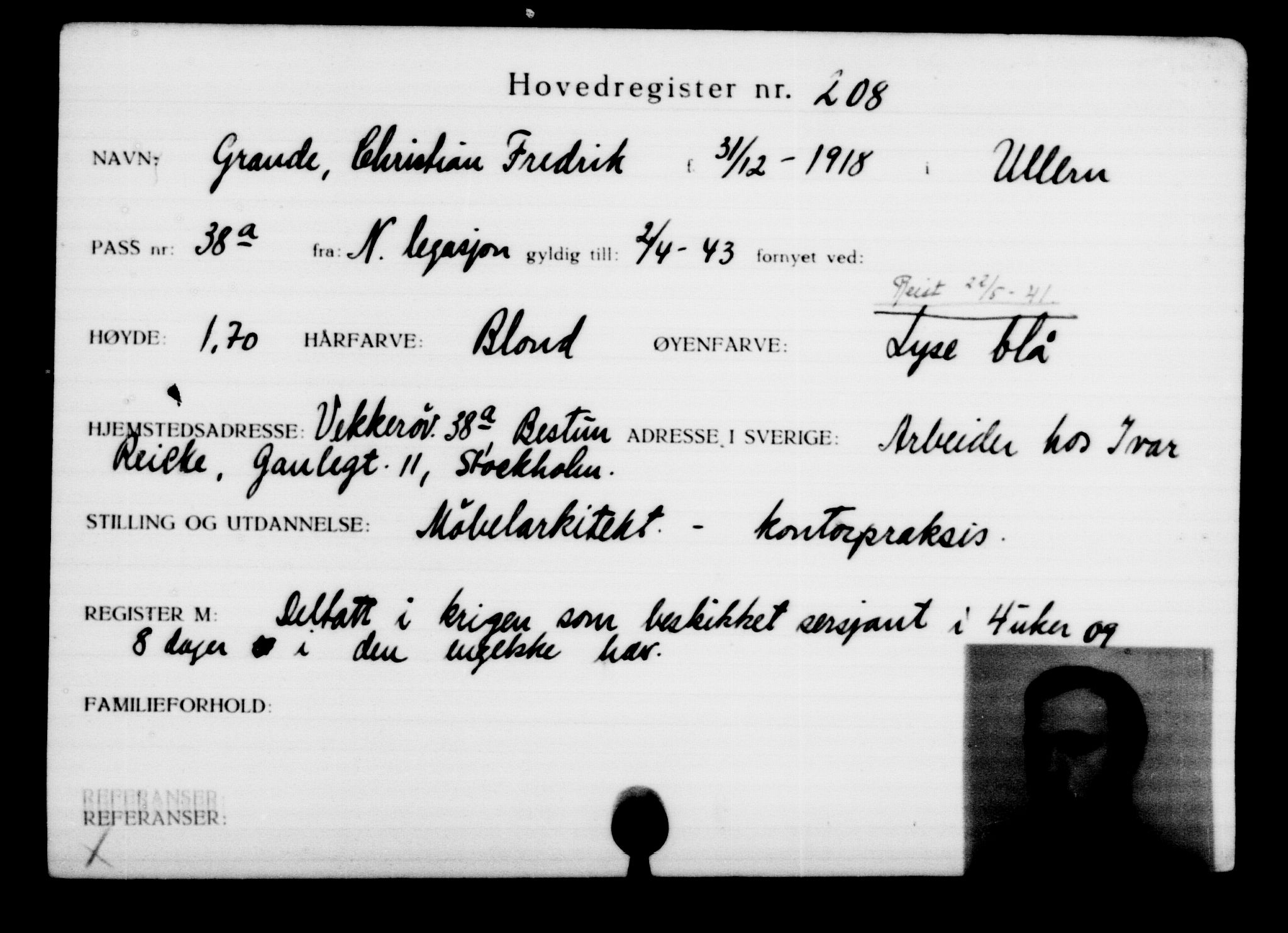Utenriksstasjonene, Legasjonen i Stockholm, Flyktningkontoret, AV/RA-S-6753/V/Va/L0001: Kjesäterkartoteket, flyktninger med registreringsnr. 1-1000, 1940-1945, s. 338