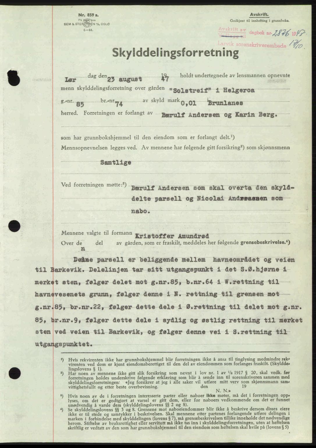 Larvik sorenskriveri, SAKO/A-83/G/Ga/Gab/L0085: Pantebok nr. A-19, 1947-1948, Dagboknr: 2876/1947