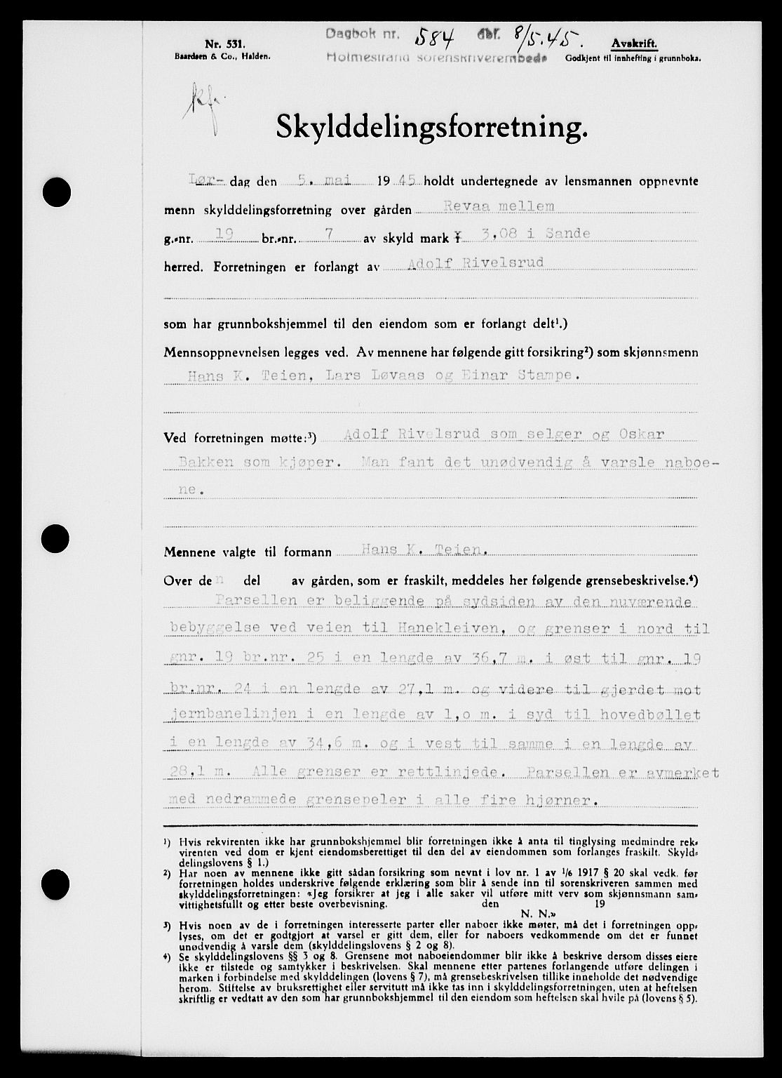 Holmestrand sorenskriveri, SAKO/A-67/G/Ga/Gaa/L0059: Pantebok nr. A-59, 1945-1946, Dagboknr: 584/1945