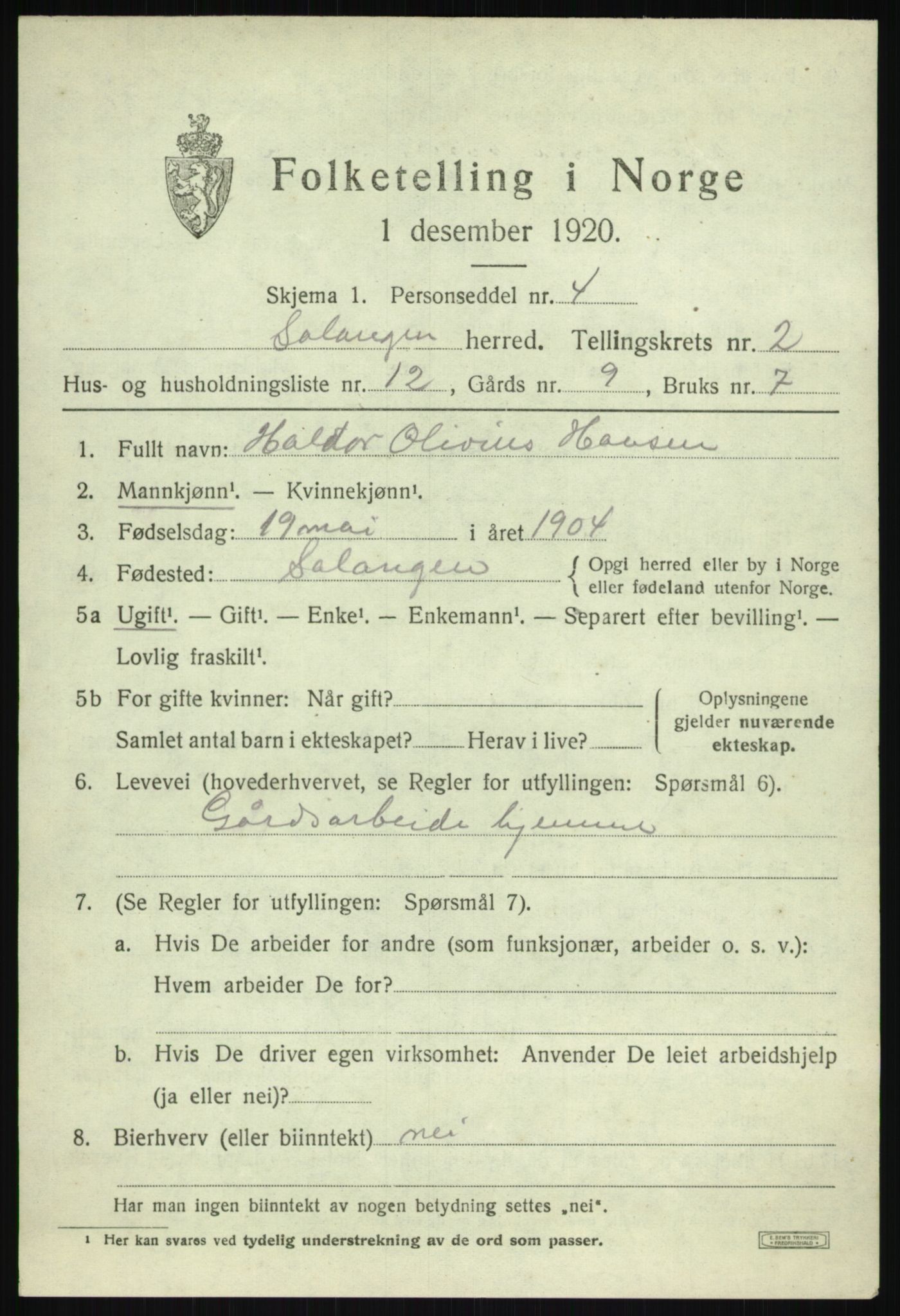 SATØ, Folketelling 1920 for 1921 Salangen herred, 1920, s. 1316