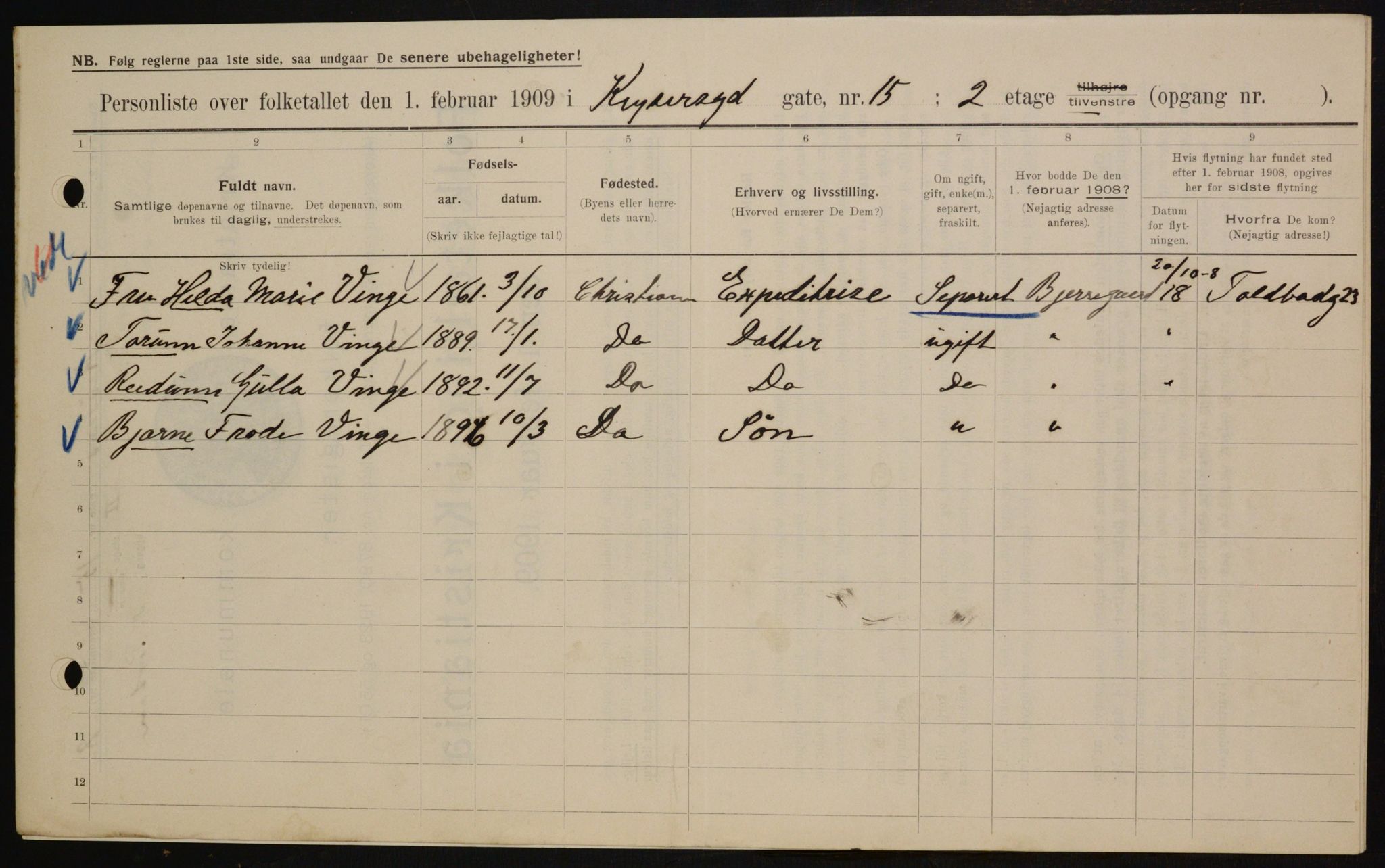 OBA, Kommunal folketelling 1.2.1909 for Kristiania kjøpstad, 1909, s. 45043