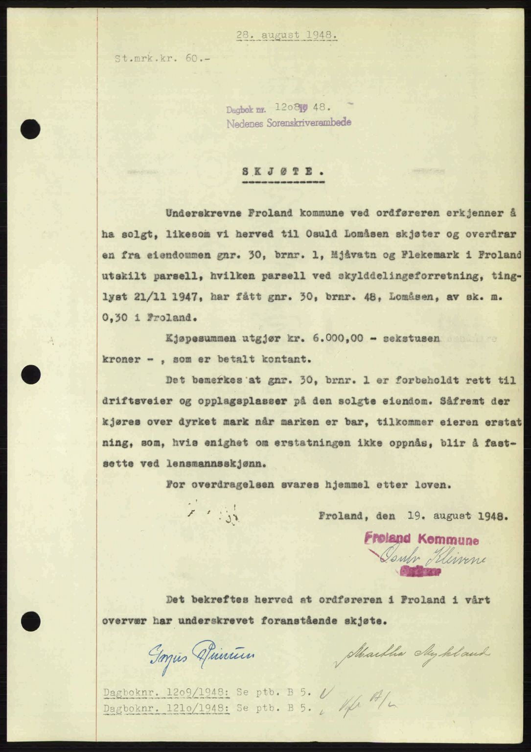 Nedenes sorenskriveri, SAK/1221-0006/G/Gb/Gba/L0059: Pantebok nr. A11, 1948-1948, Dagboknr: 1208/1948