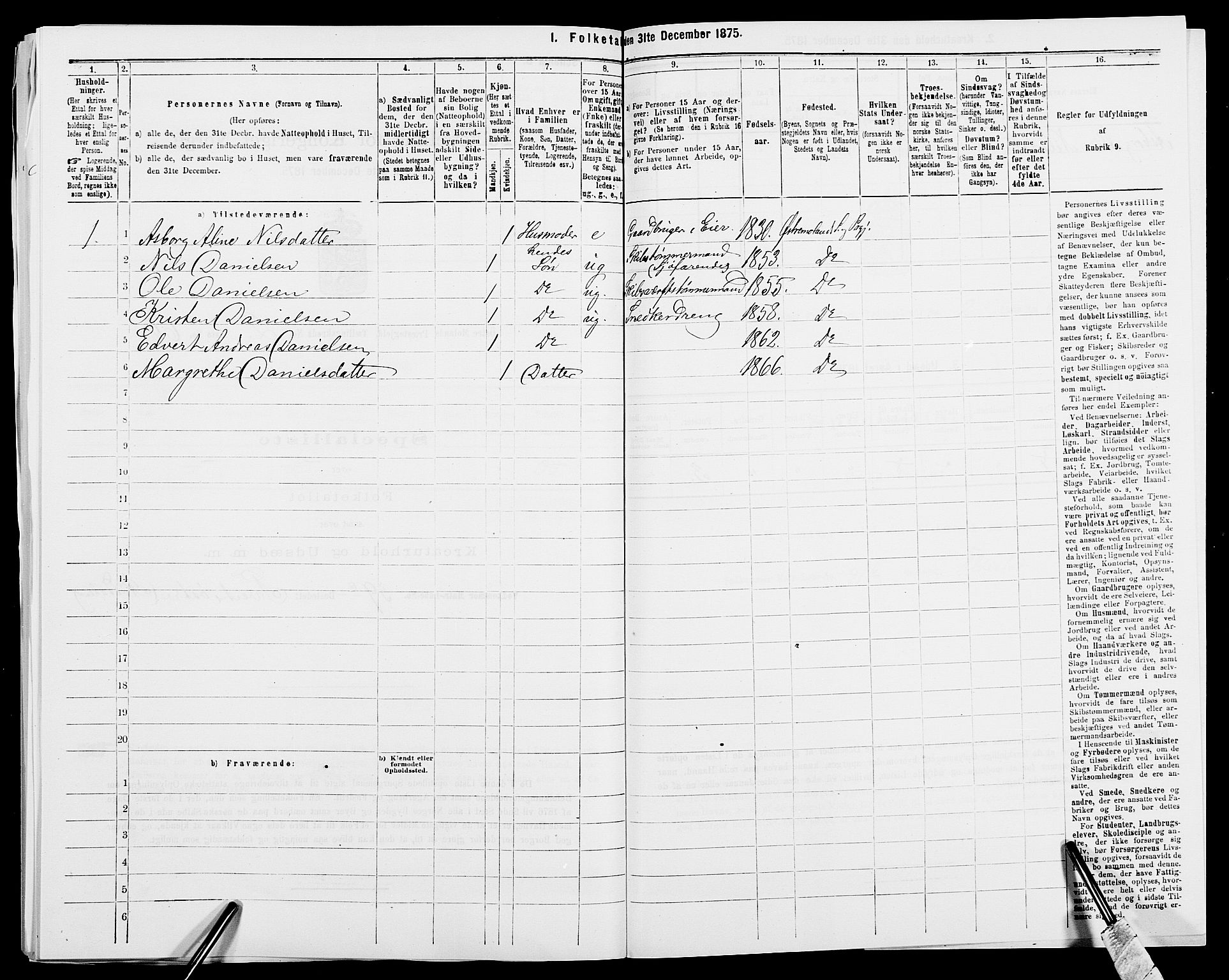 SAK, Folketelling 1875 for 0918P Austre Moland prestegjeld, 1875, s. 3009