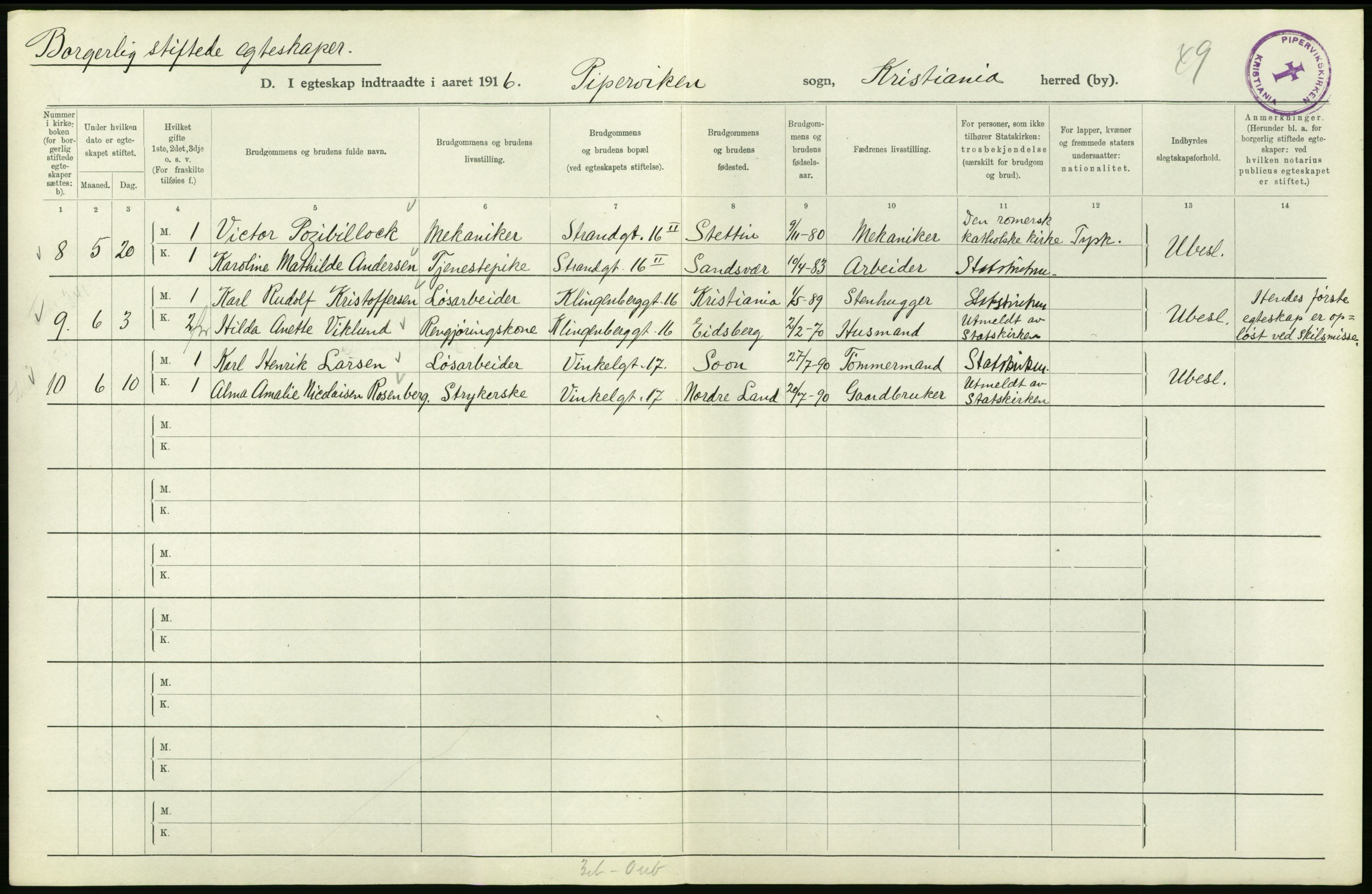 Statistisk sentralbyrå, Sosiodemografiske emner, Befolkning, AV/RA-S-2228/D/Df/Dfb/Dfbf/L0008: Kristiania: Gifte, 1916, s. 920