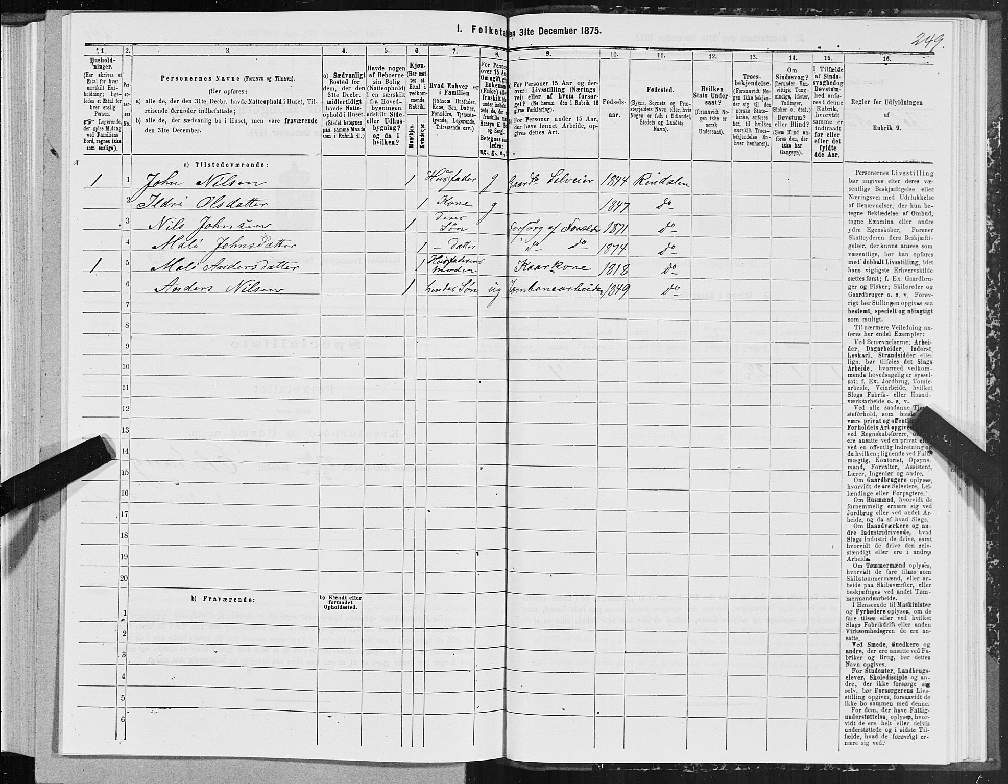 SAT, Folketelling 1875 for 1567P Rindal prestegjeld, 1875, s. 1249