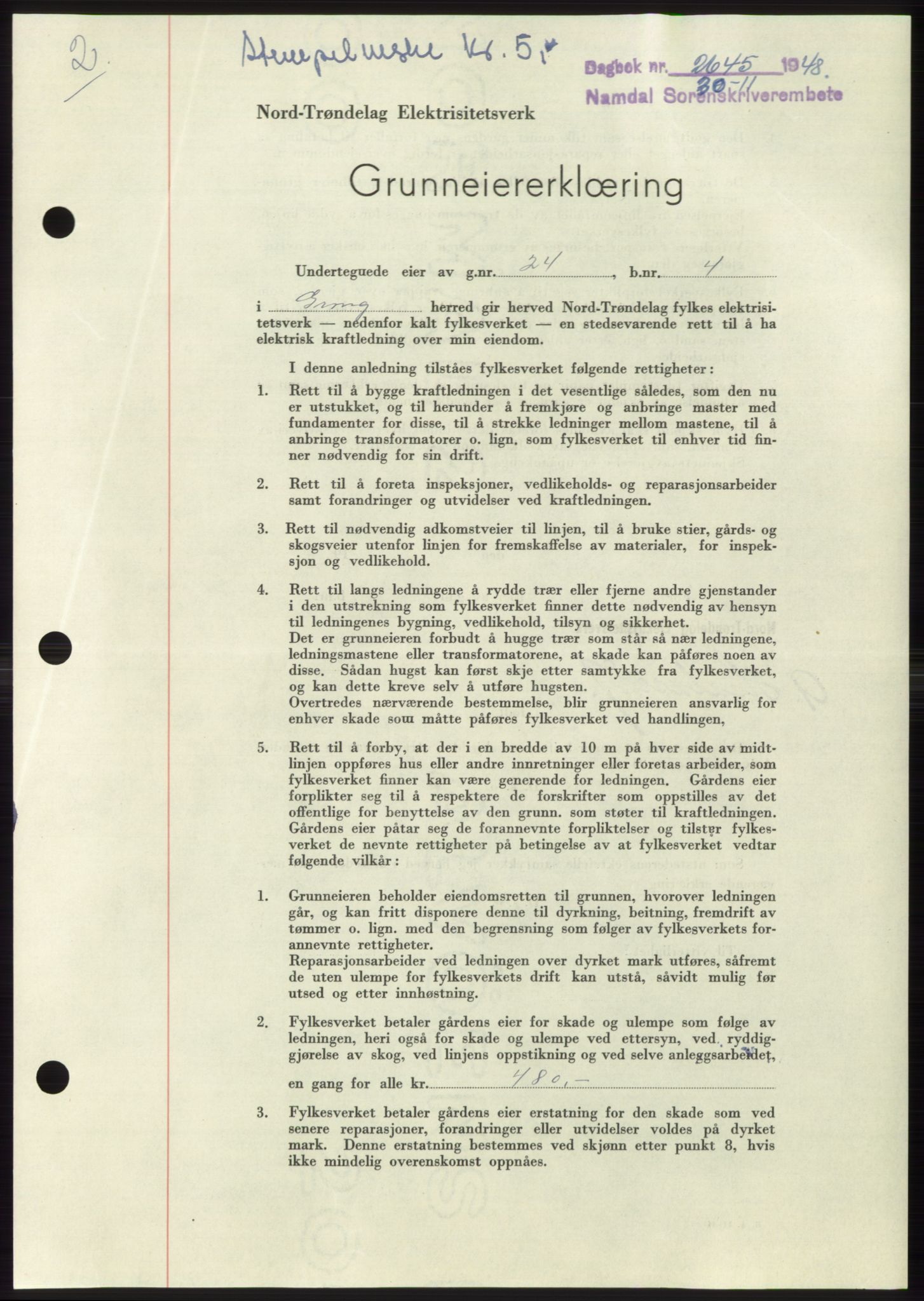 Namdal sorenskriveri, SAT/A-4133/1/2/2C: Pantebok nr. -, 1948-1948, Dagboknr: 2645/1948