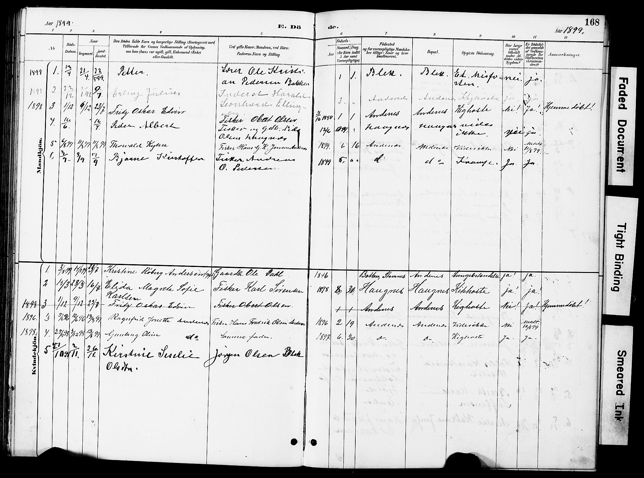 Ministerialprotokoller, klokkerbøker og fødselsregistre - Nordland, SAT/A-1459/899/L1448: Klokkerbok nr. 899C03, 1887-1902, s. 168