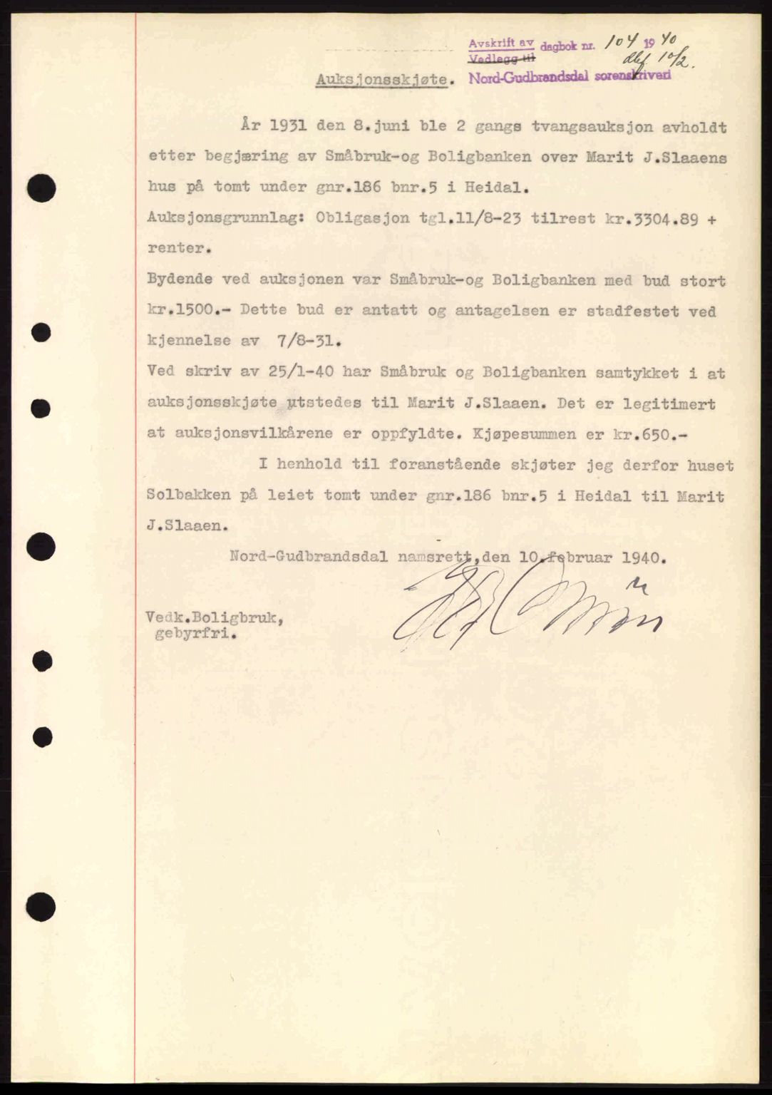 Nord-Gudbrandsdal tingrett, SAH/TING-002/H/Hb/Hbb/L0005: Pantebok nr. FA5, 1939-1940, Dagboknr: 104/1940